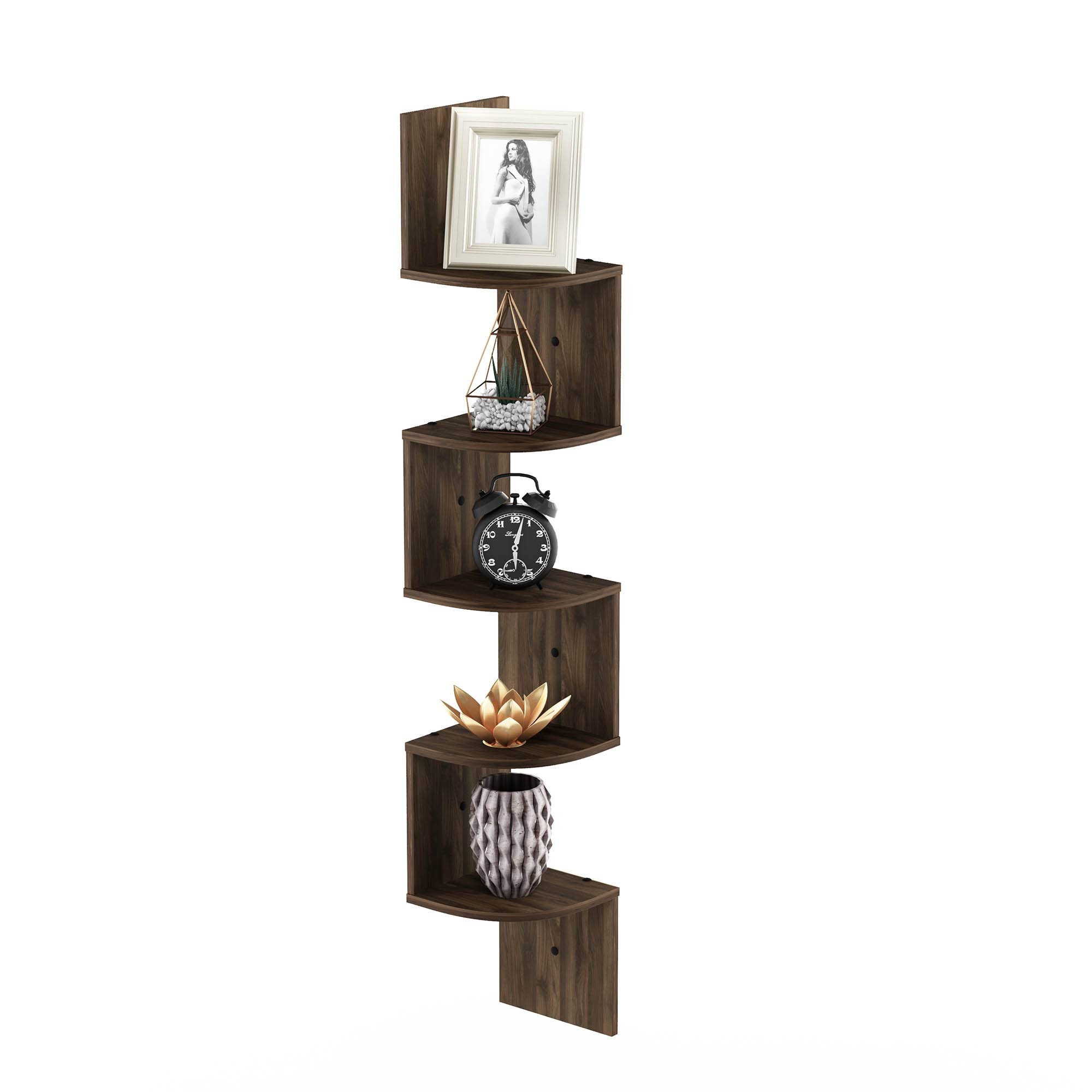 Furinno 5 Tier Wall Mount Floating Radial Corner Shelf, Columbia Walnut