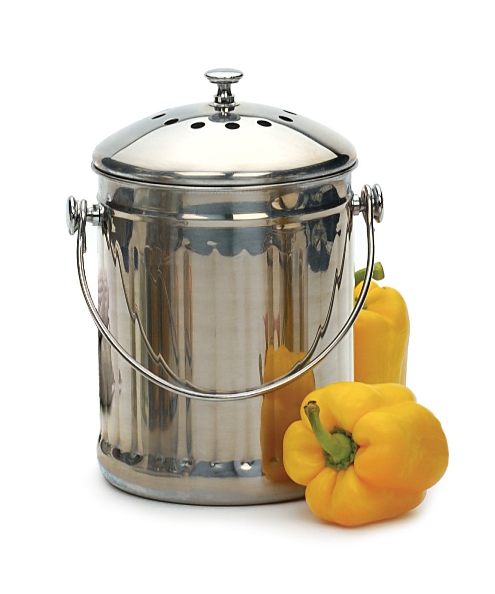 Rsvp International Kitchen Collection Compost Pail, Dishwasher Safe, 1 Gallon Capacity, Stainless Steel