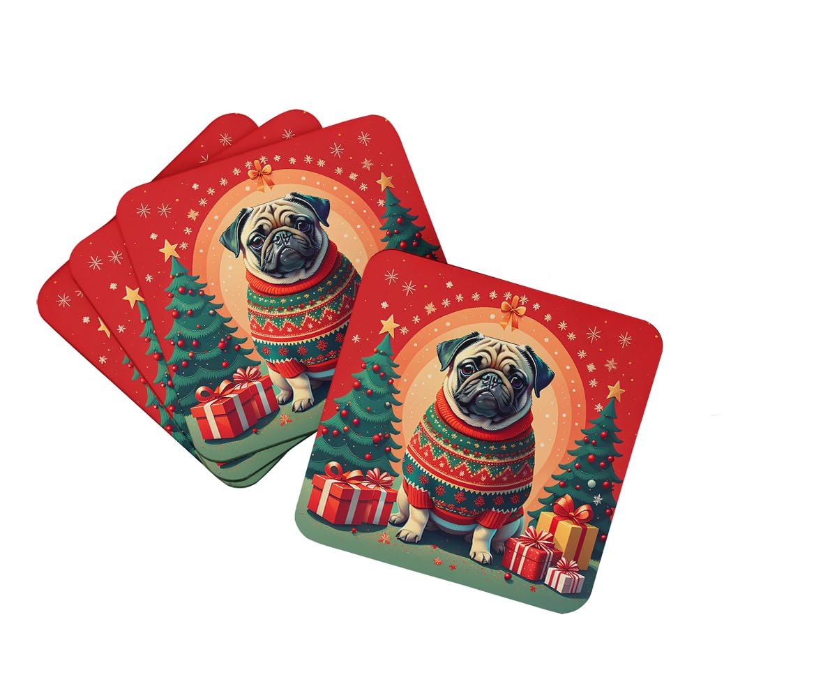 Carolines Treasures Fawn Pug Christmas Foam Coaster Set of 4 Cup Coasters for Indoor and Outdoor, Coaster for Tabletop Protection, Anti Slip, Mouse pad Material