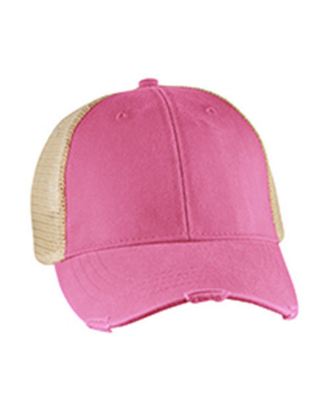 OL102 | OLLIE- Pigment dyed, garment washed, cotton, twill, six panel, structured, mid-crown trucker cap with nylon mesh back panels, distressed visor and snap back. - NEON PINK / TAN <br>NEW