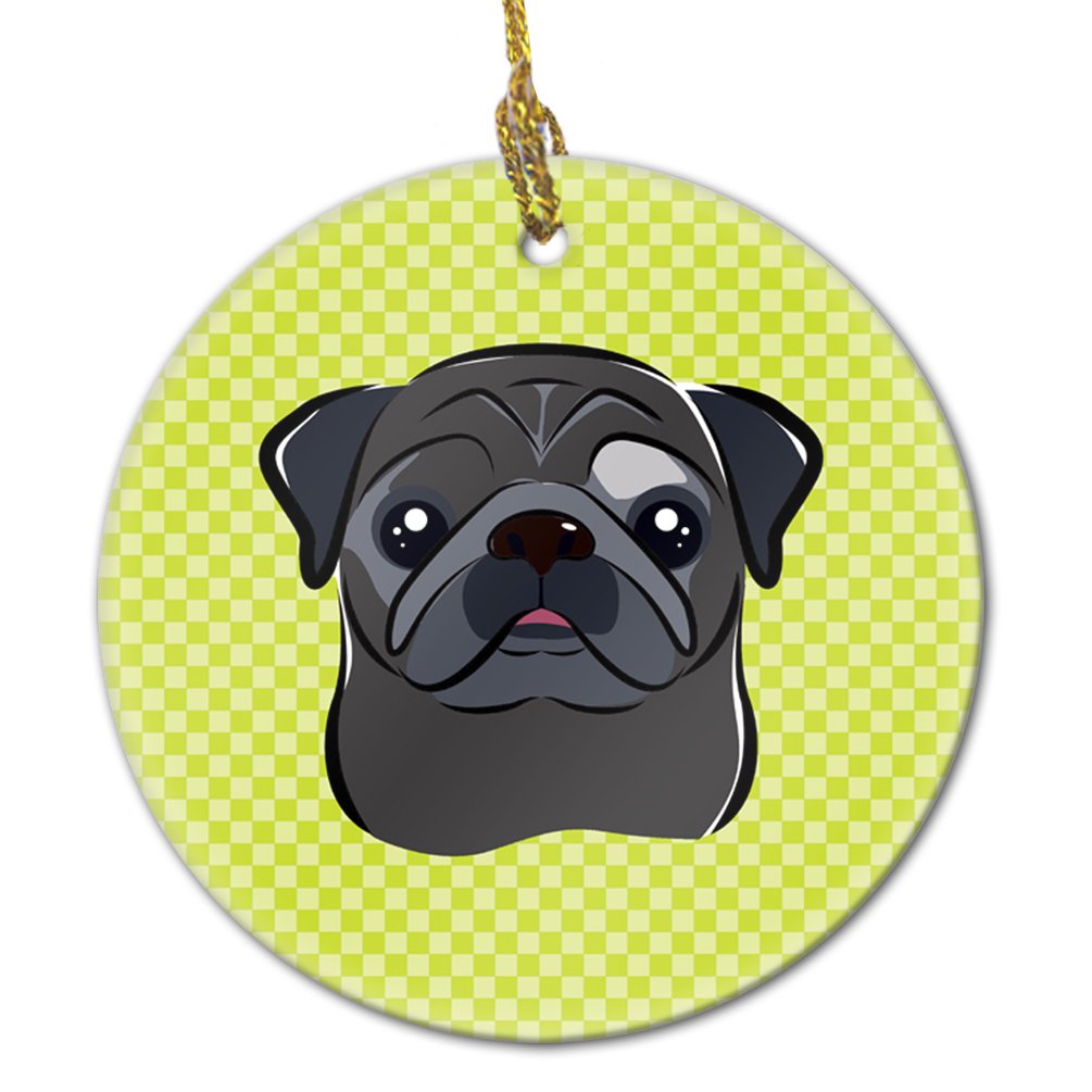 Checkerboard Lime Green Black Pug Ceramic Ornament BB1325CO1