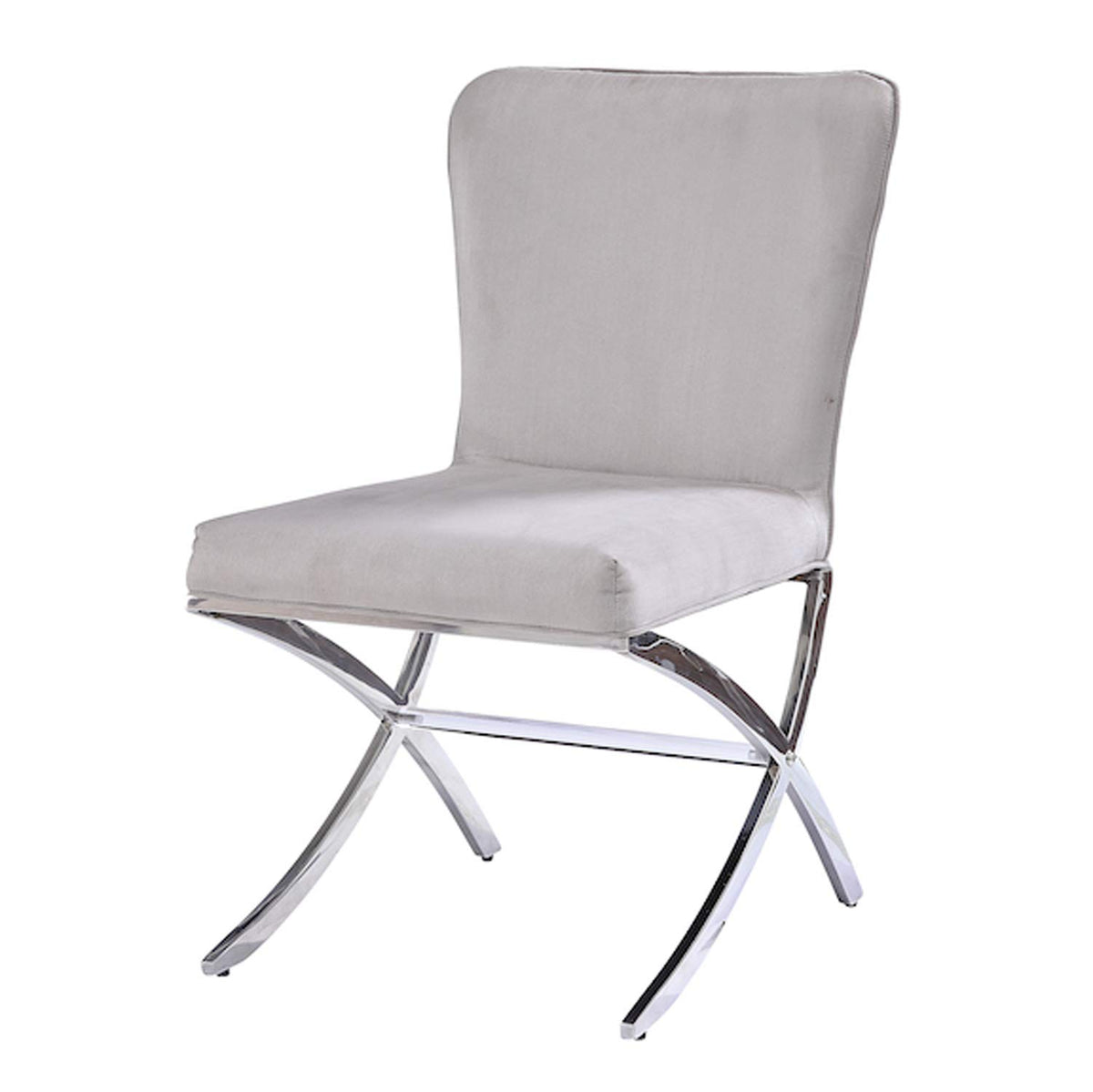 Benjara Velvet Upholstered Metal Side Chair With X Style Base, Light Gray And Silver, Set Of Two