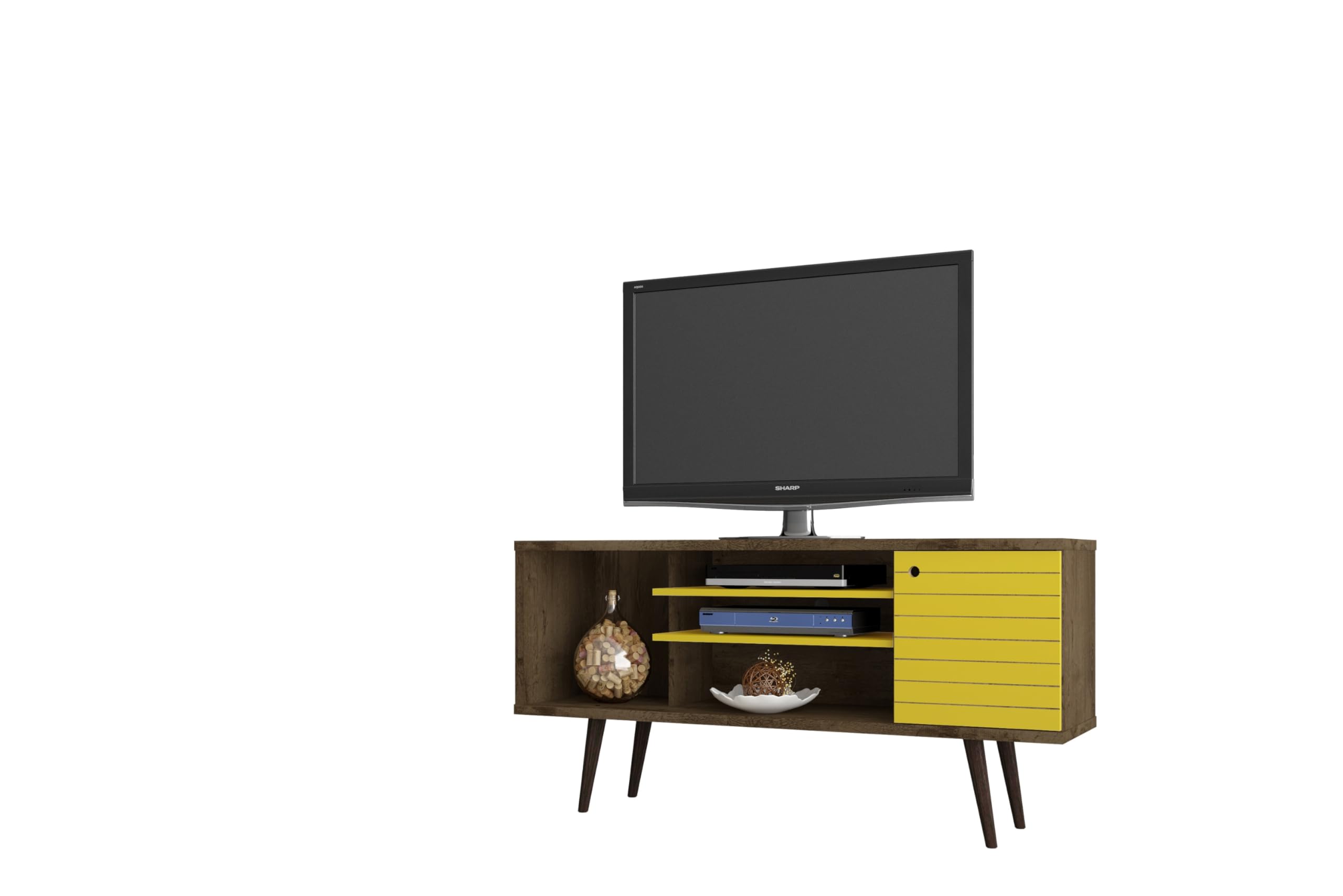 Liberty 53.14 Mid Century - Modern TV Stand  with 5 Shelves and 1 Door in Rustic Brown and Yellow  with Solid Wood Legs