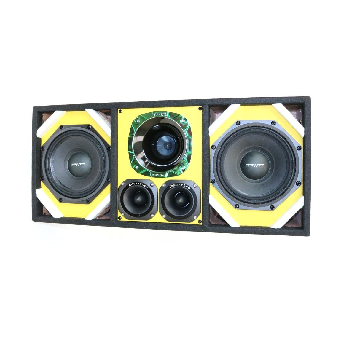 Loaded Box withTwo Despacito Heavy Duty 8-in Woofers One Horn and withTwo Bullet Tweeters YELLOW