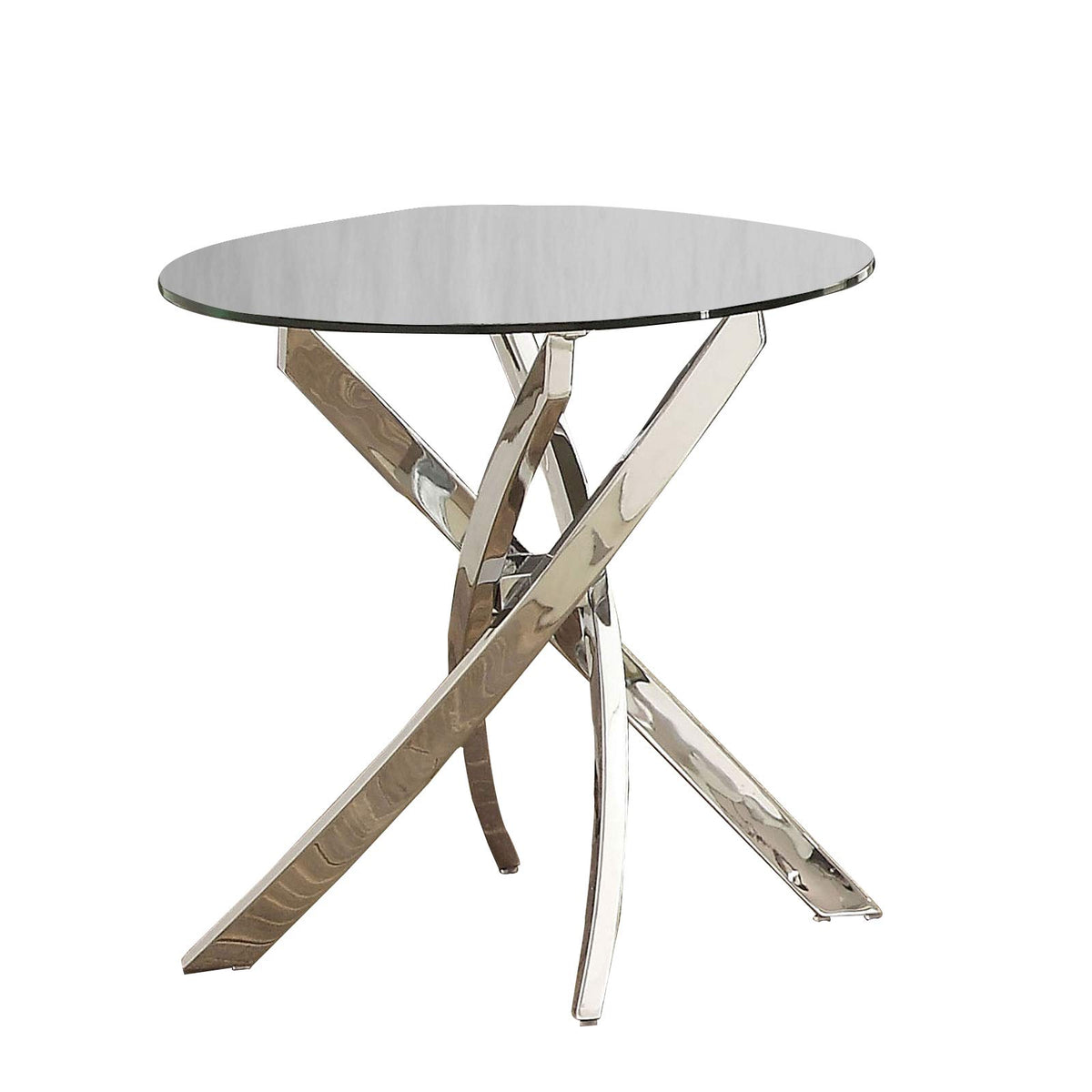 Benjara Round Glass Top End Table With Criss Cross Metal Base, Silver And Clear