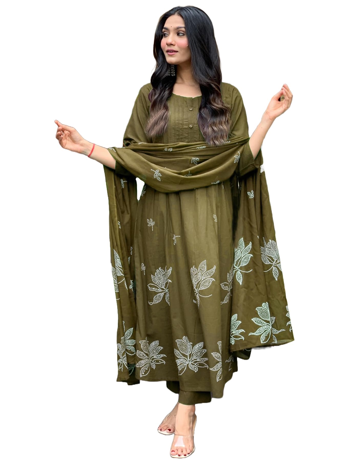 Gosriki Women'S Rayon Viscose Anarkali Printed Kurta With Pant & Dupatta (Gangori Mehandi-Gs_3Xl_Mehandi_Xxx-Large)