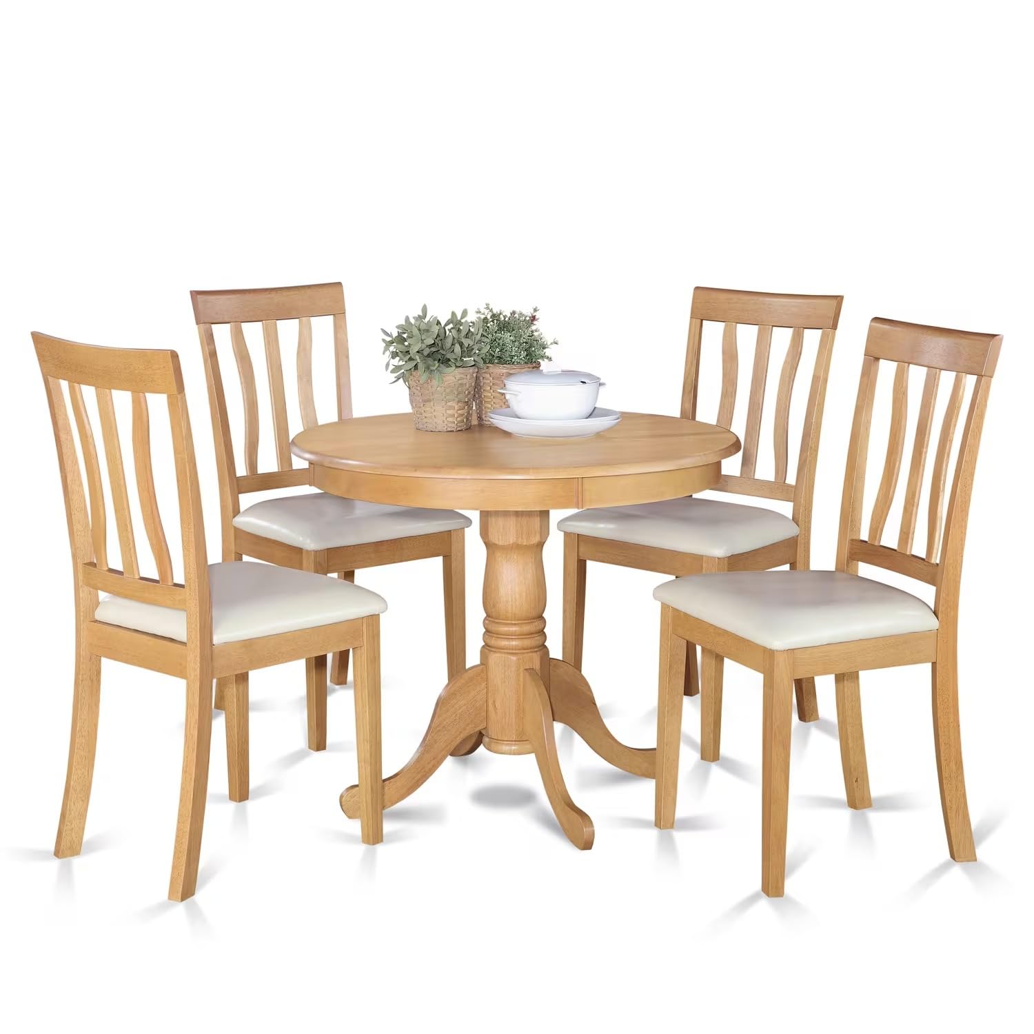 East West Furniture Antique 5 Piece Room Furniture Set Includes a Round Kitchen Table with Pedestal and 4 Faux Leather Upholstered Dining Chairs, 36x36 Inch, ANTI5-OAK-LC