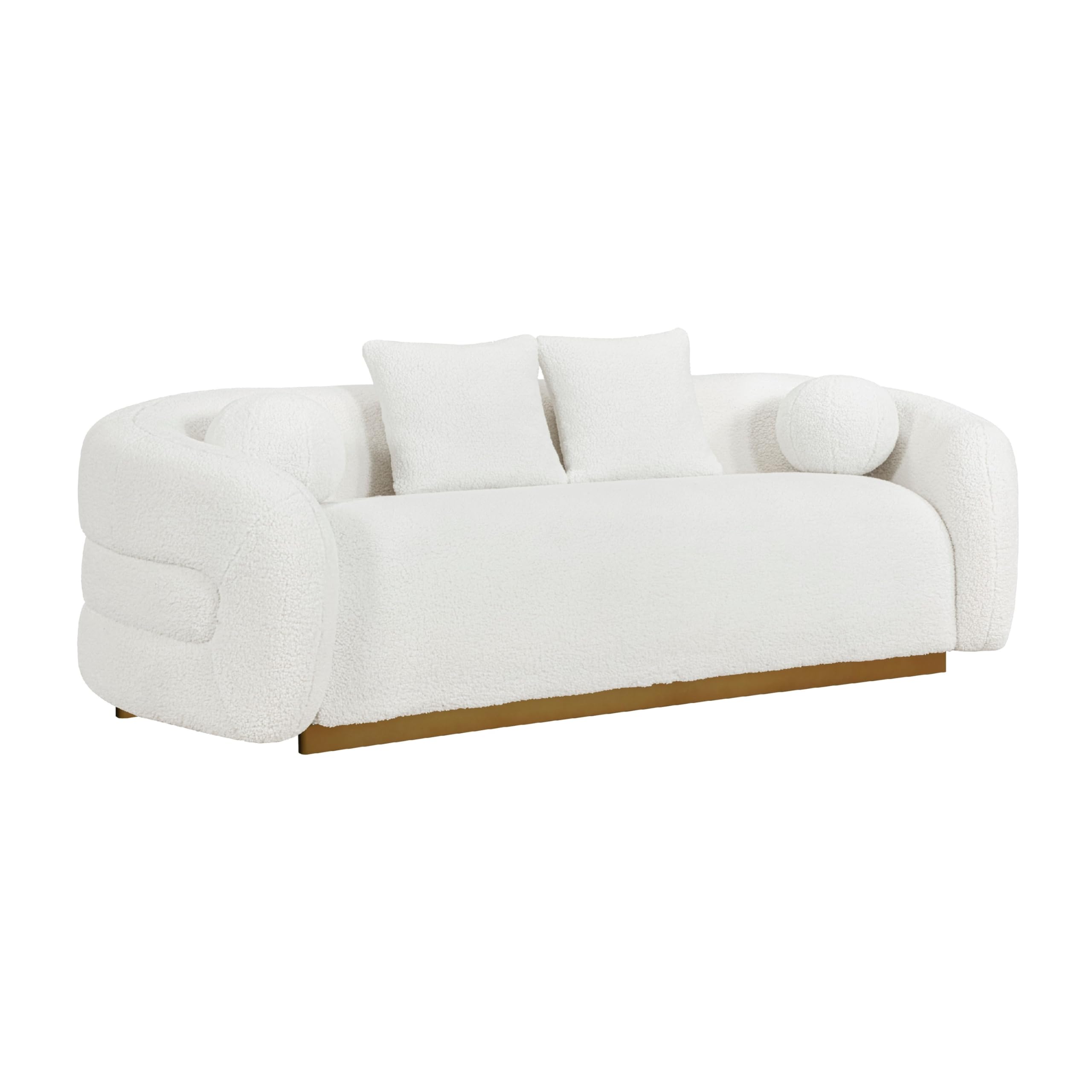 Novy Sofa, 4 Accent Pillows, White Sherpa, Gold, 93 Inch