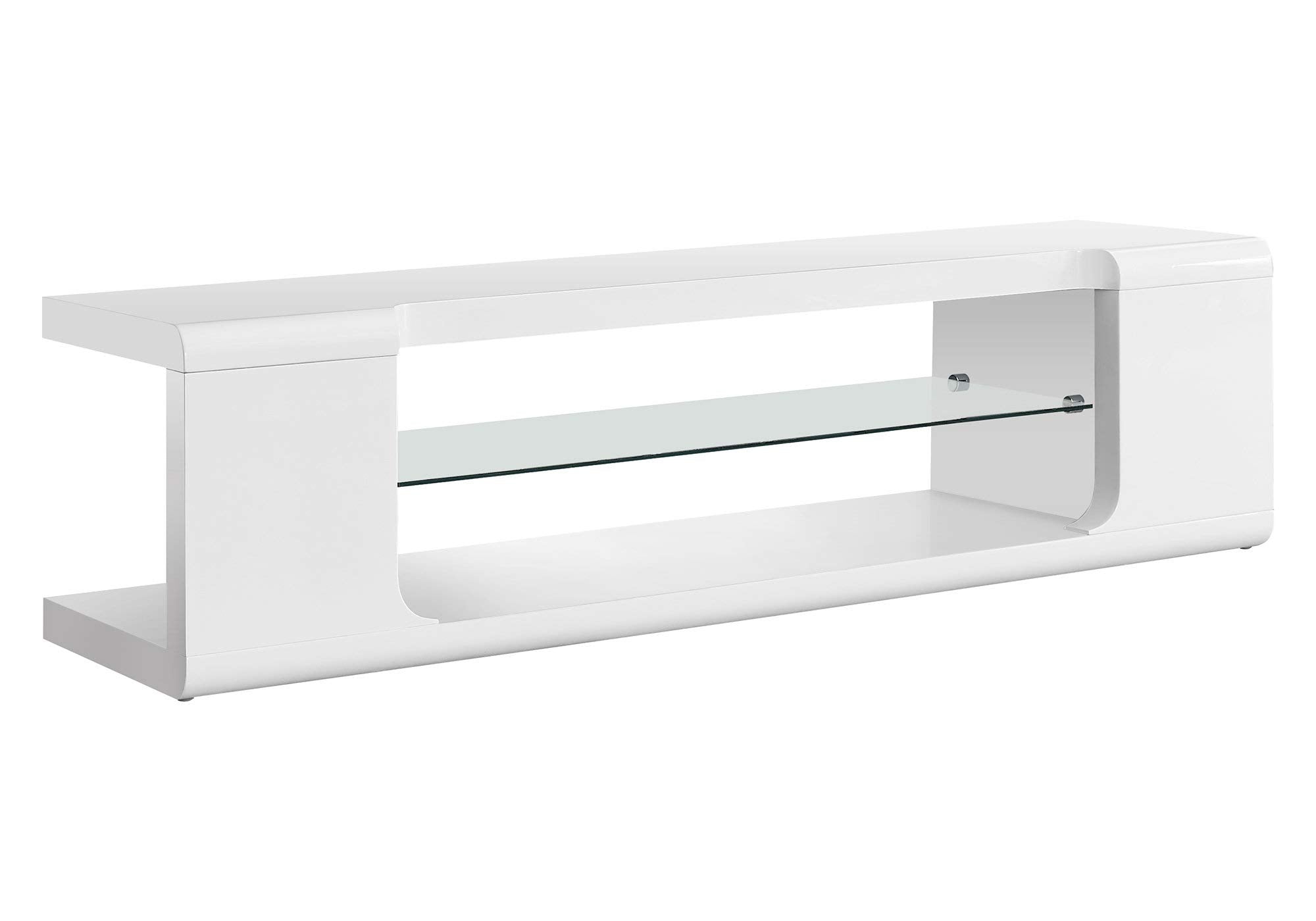 Tv Stand, 60 Inch, Console, Media Entertainment Center, Storage Shelves, Living Room, Bedroom, Laminate, Tempered Glass, Glossy White, Clear, Contemporary, Modern
