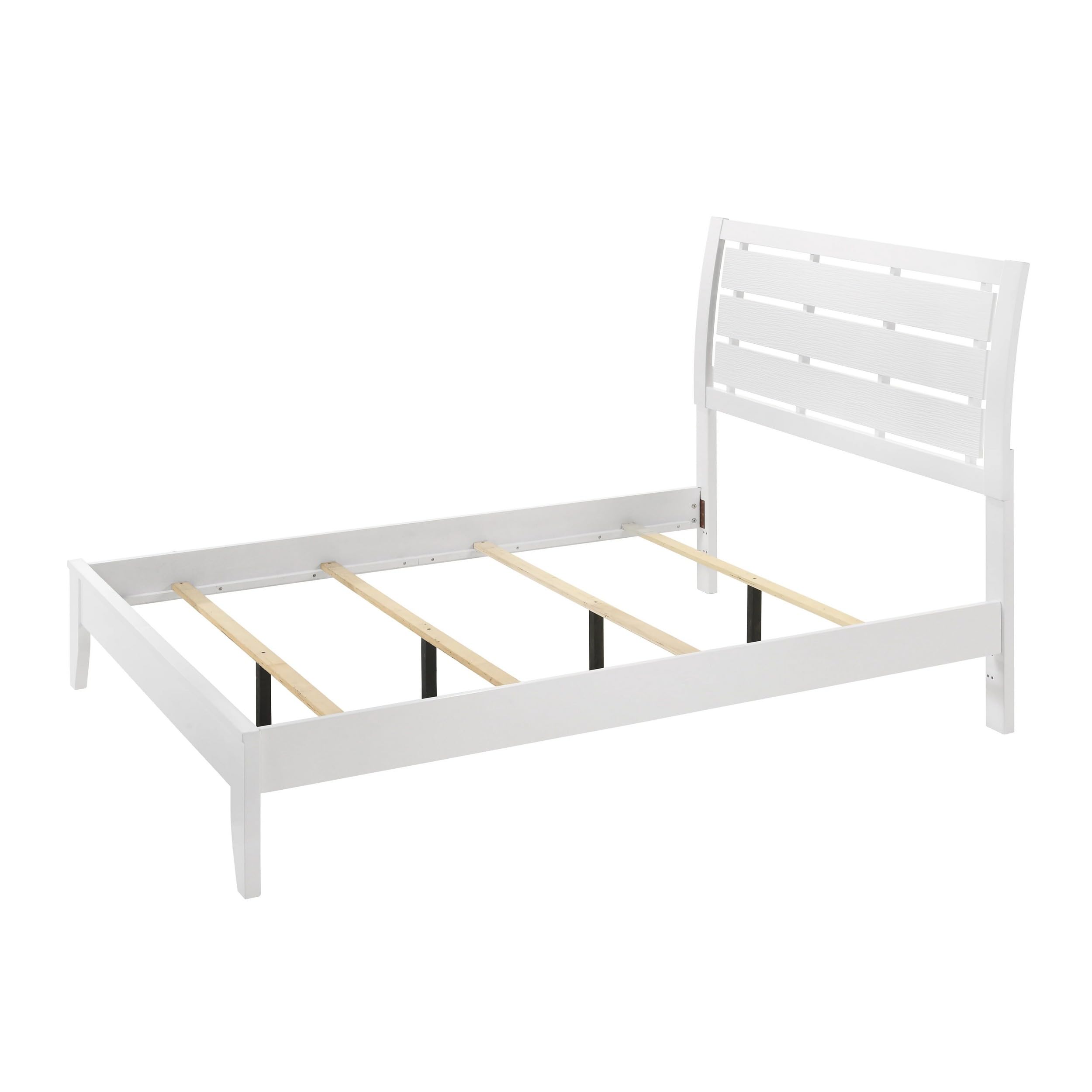 Eve King Size Bed, Slatted Headboard, Chamfered Legs, White Wood, Modern