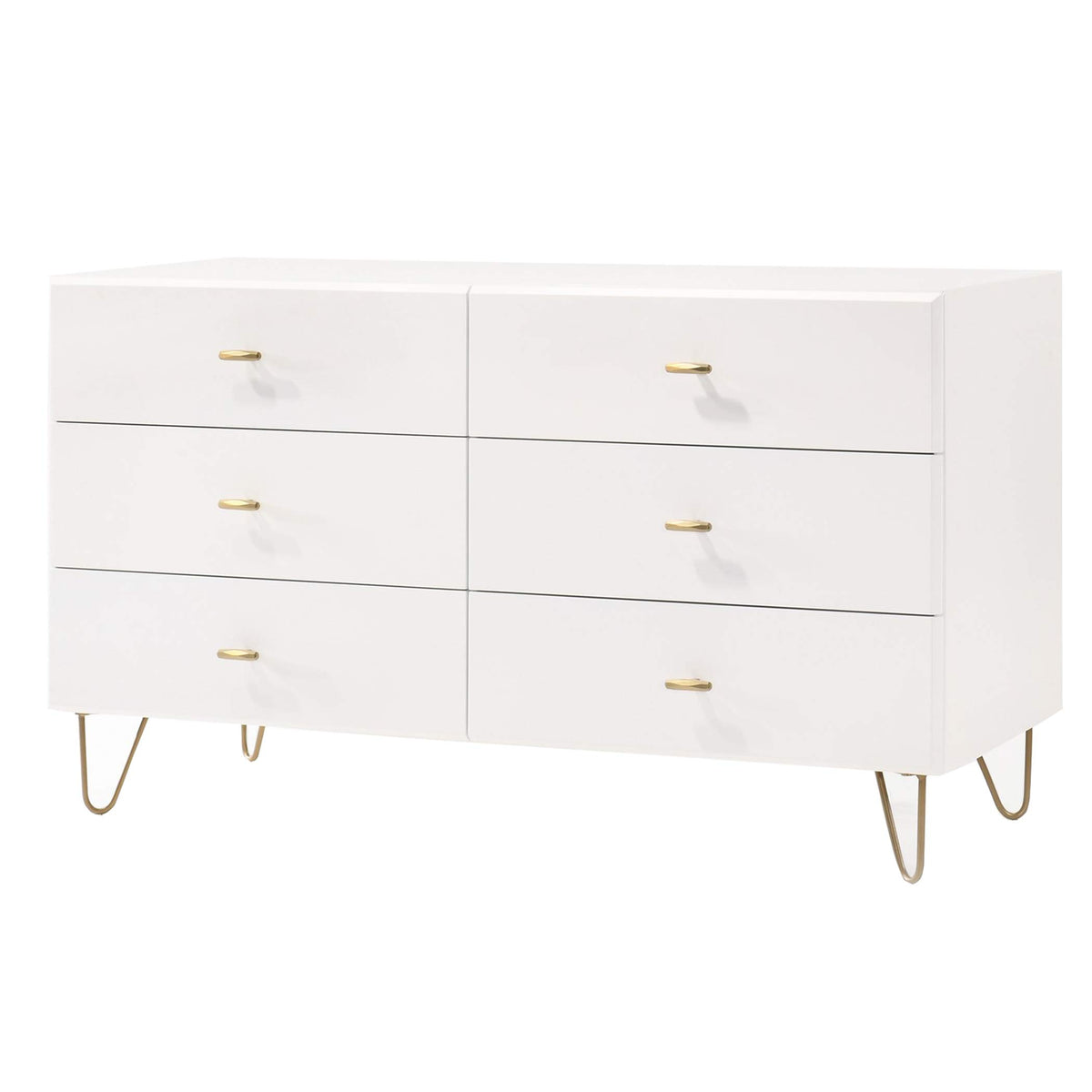 Benjara 6 Drawer Wooden Dresser With Metal Hairpin Legs, White And Gold