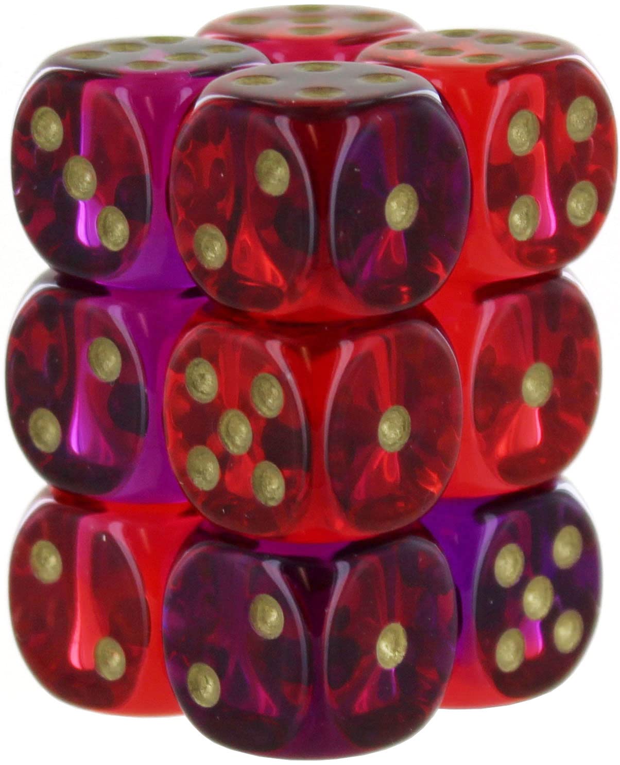 Gemini Dice Block | Set of 12 Size D6 Dice Designed for Board Games, Roleplaying Games and Miniature Games | Premium Quality 16 mm Dice | Translucent Red, Violet and Gold Color | Made by Chessex
