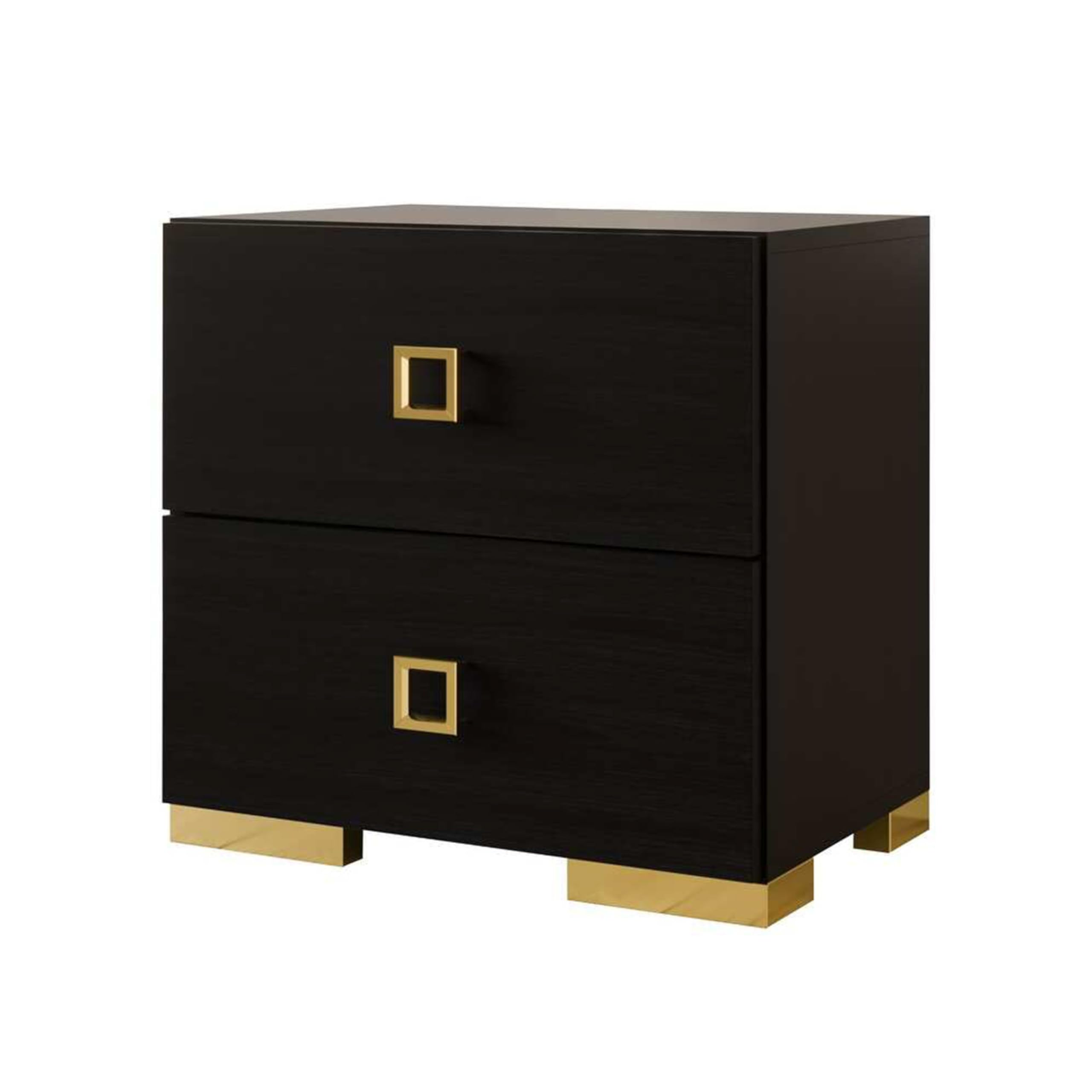 Lati Nightstand, 2 Drawers, Black Wood, Gold Metal, 24 Inch