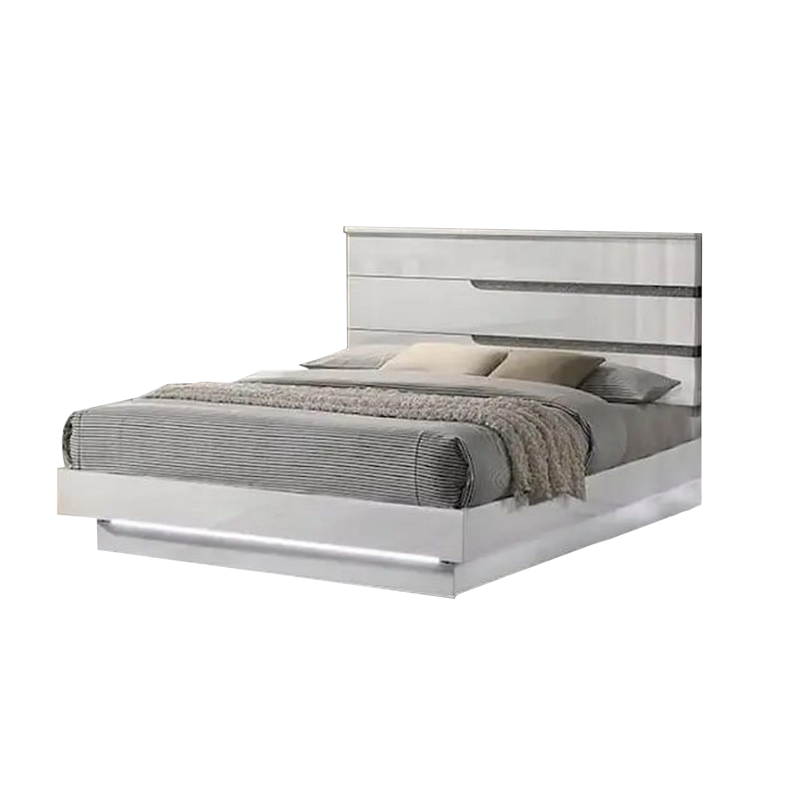 Peis Queen Size Bed, LED, Crystal Accents, Modern Design, Glossy White