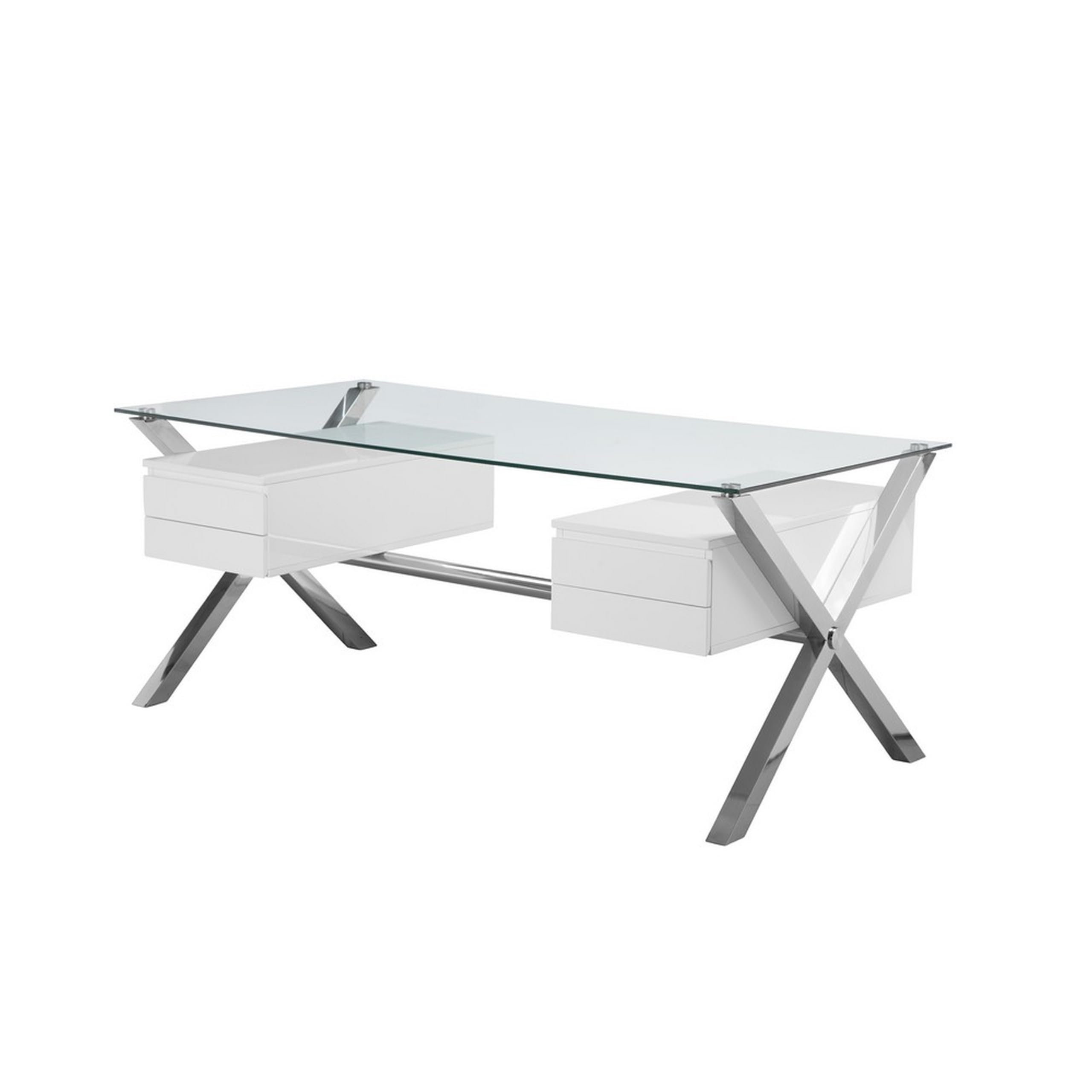Tia 71 Inch Large Office Desk, Glass Tempered Top, 4 Drawers, White Finish