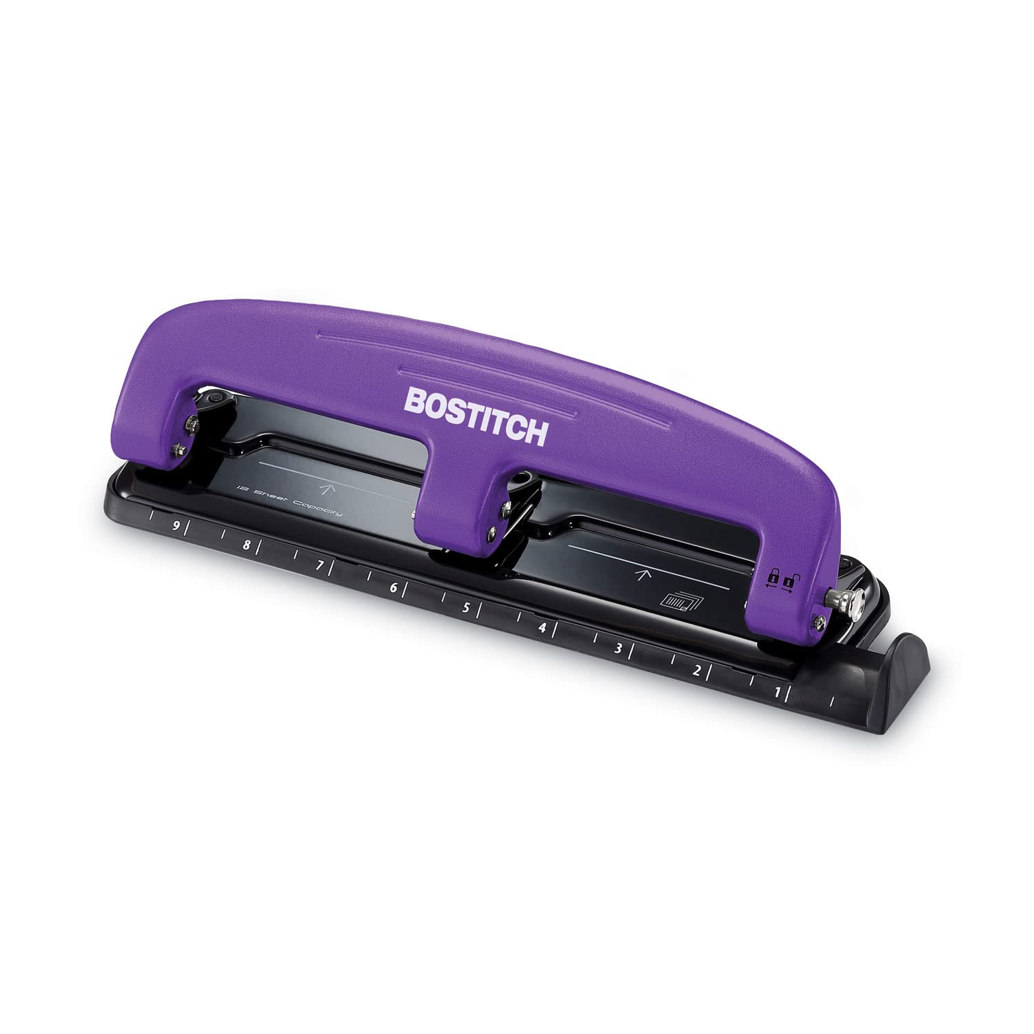Bostitch Office Ez Squeeze Reduced Effort 3-Hole Punch, 12 Sheets, Purple