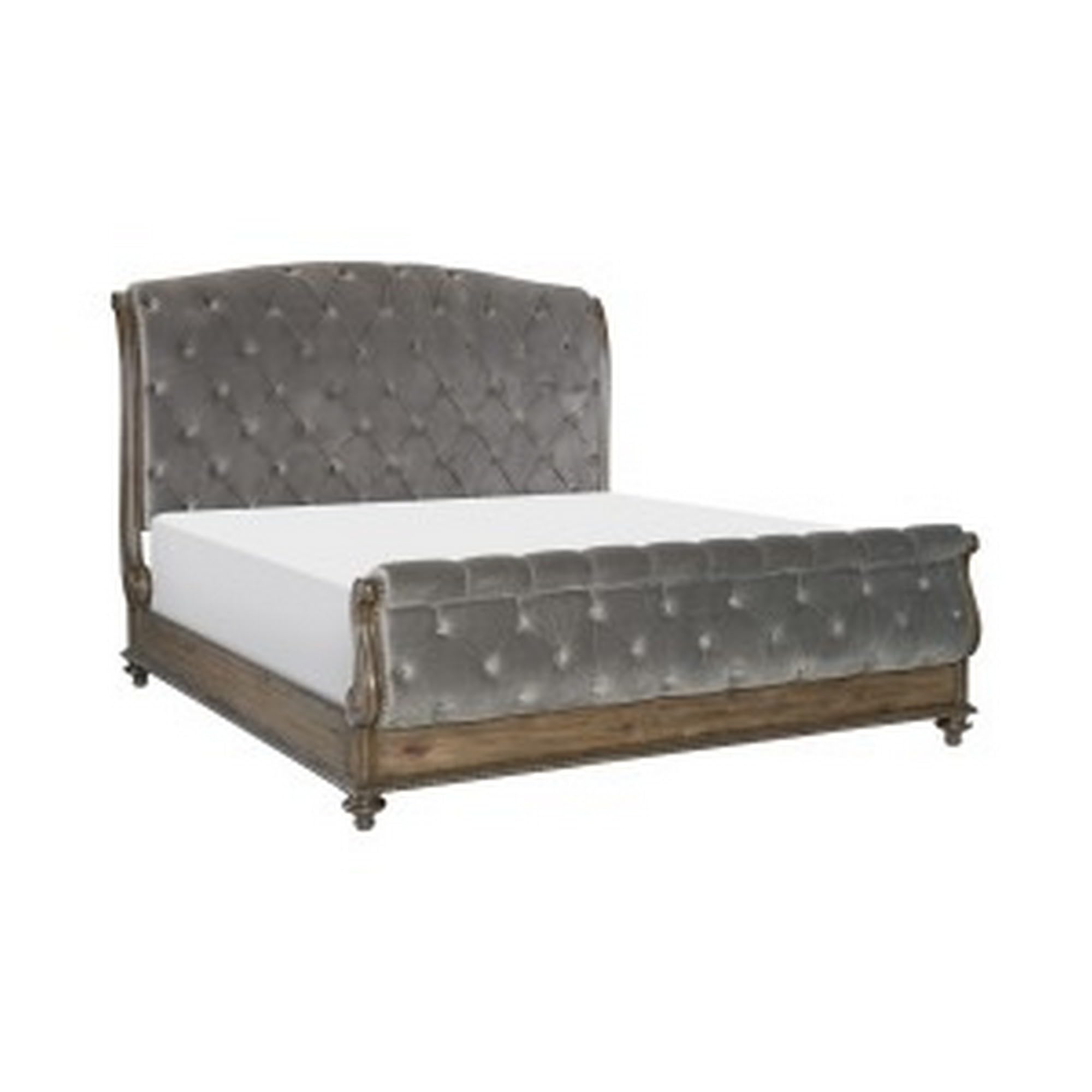 Danya Queen Bed, Sleigh Style, Tufted Rolled Headboard, Nailed Gray Velvet