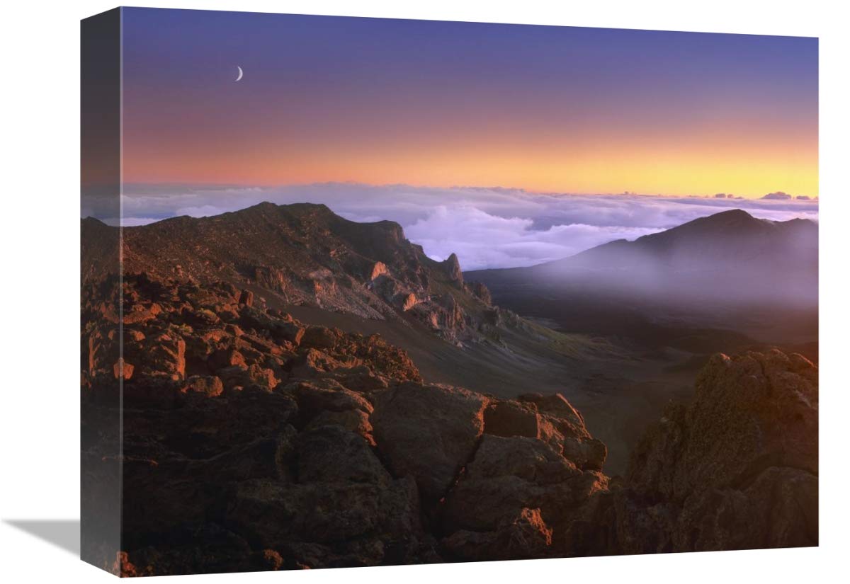 Sunrise and crescent moon overlooking Haleakala Crater, Maui, Hawaii-Canvas Art-16x12”