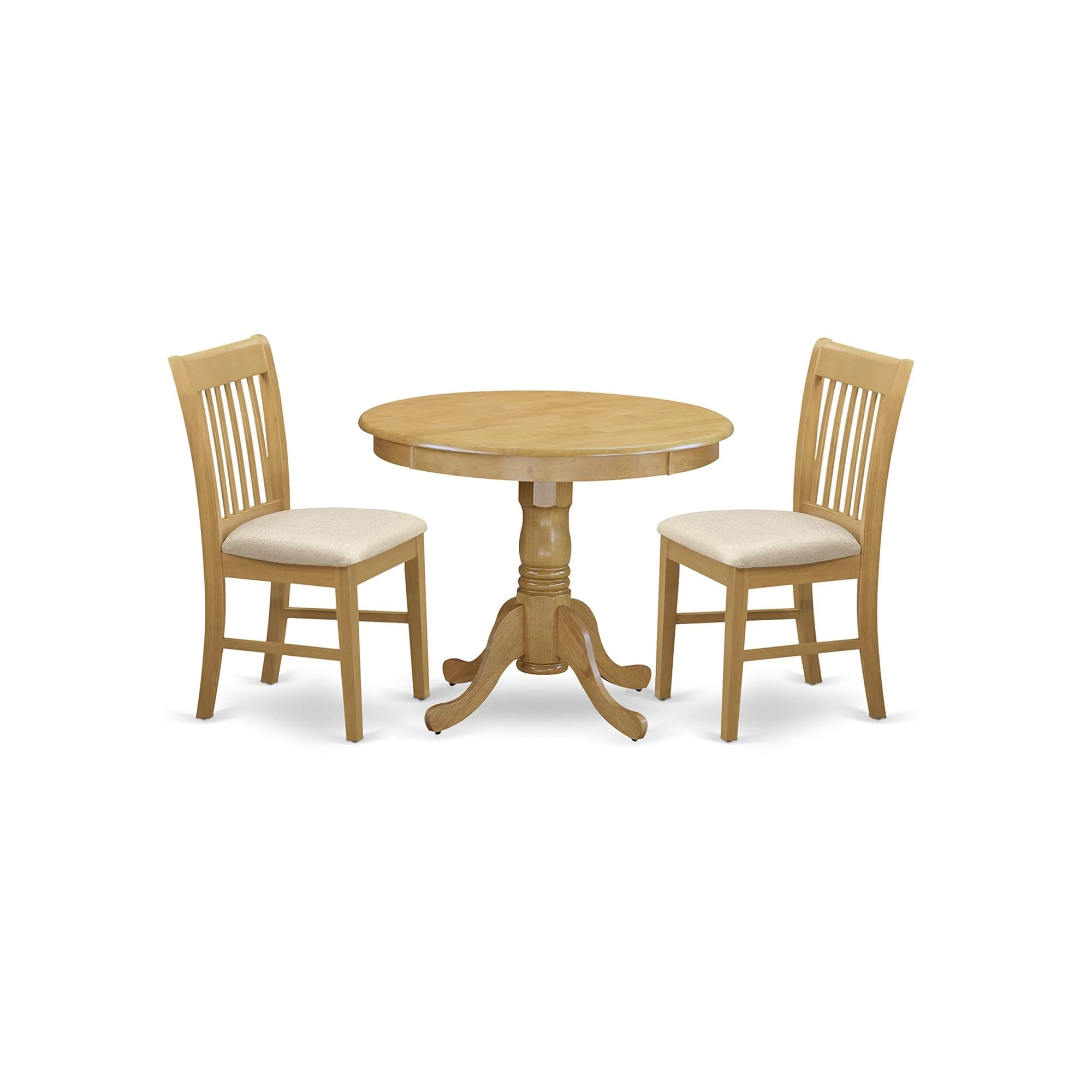 Casafoyer ANNO3-OAK-C 3 Piece Kitchen Table Set for Small Spaces Contains a Round Dining Room Table with Pedestal and 2 Linen Fabric Upholstered Chairs, 36x36 Inch, Oak