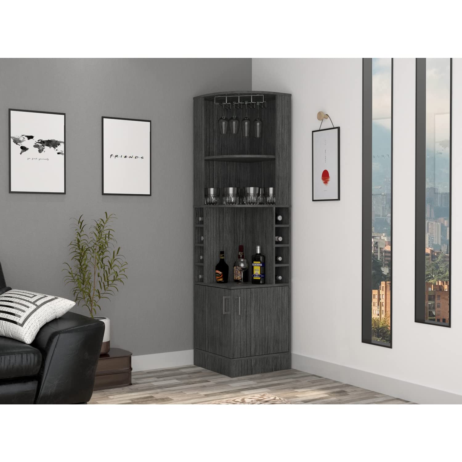TUHOME Syrah Corner Bar Cabinet, Two External Shelves, Cup Rack -Smoky Oak, For Living Room