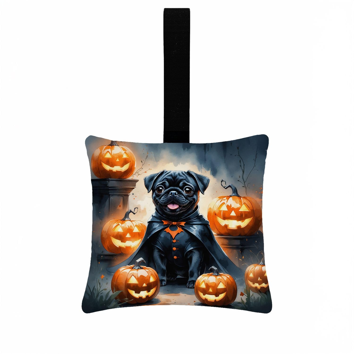 Carolines Treasures Black Pug Puppy Halloween Mini Hanging Pillow Ornament 3.5  3.5 Decorative Door-Knob & Tree Hanger, Soft Fabric Cushion