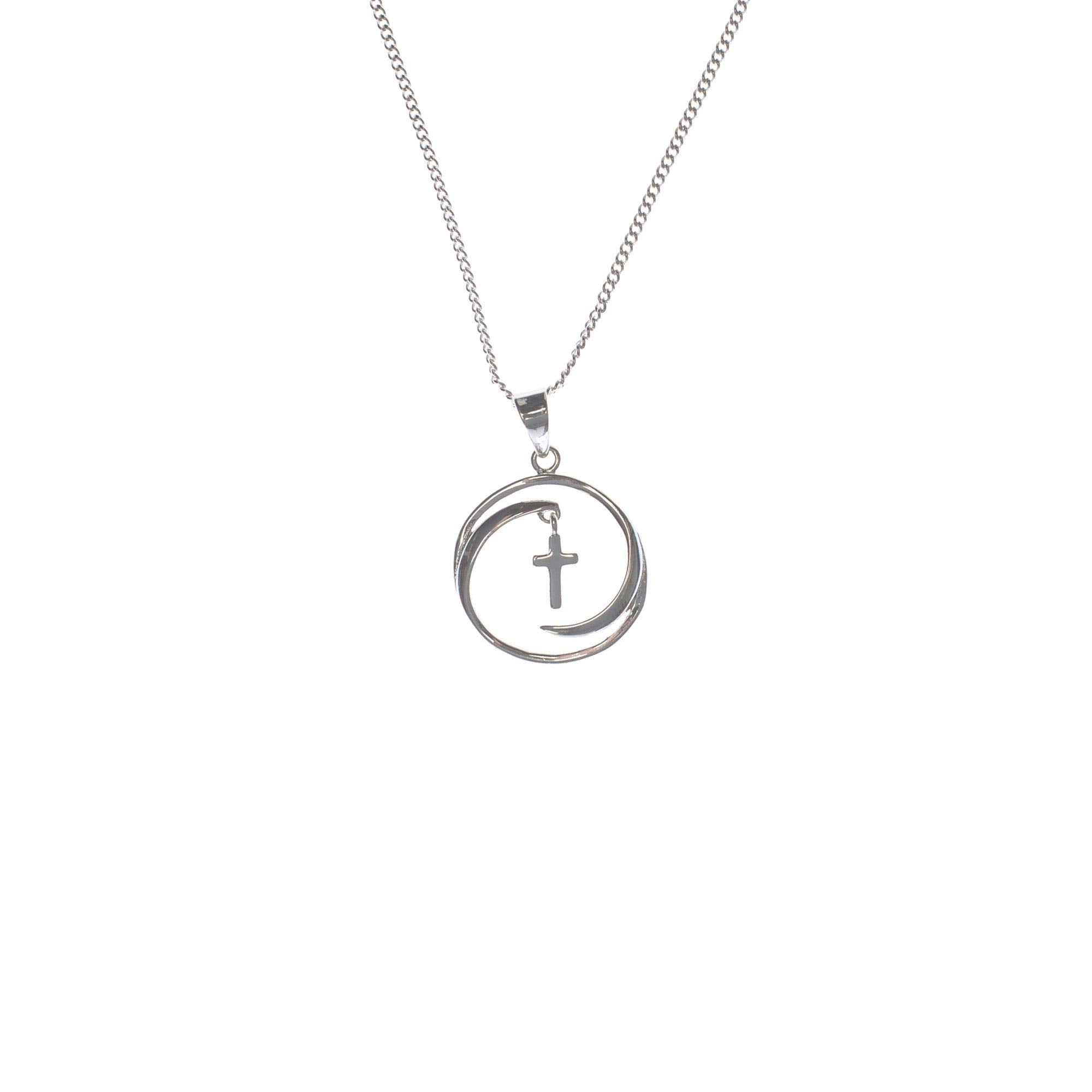 Silver Plated Cirlce With Cross Dangle Necklace