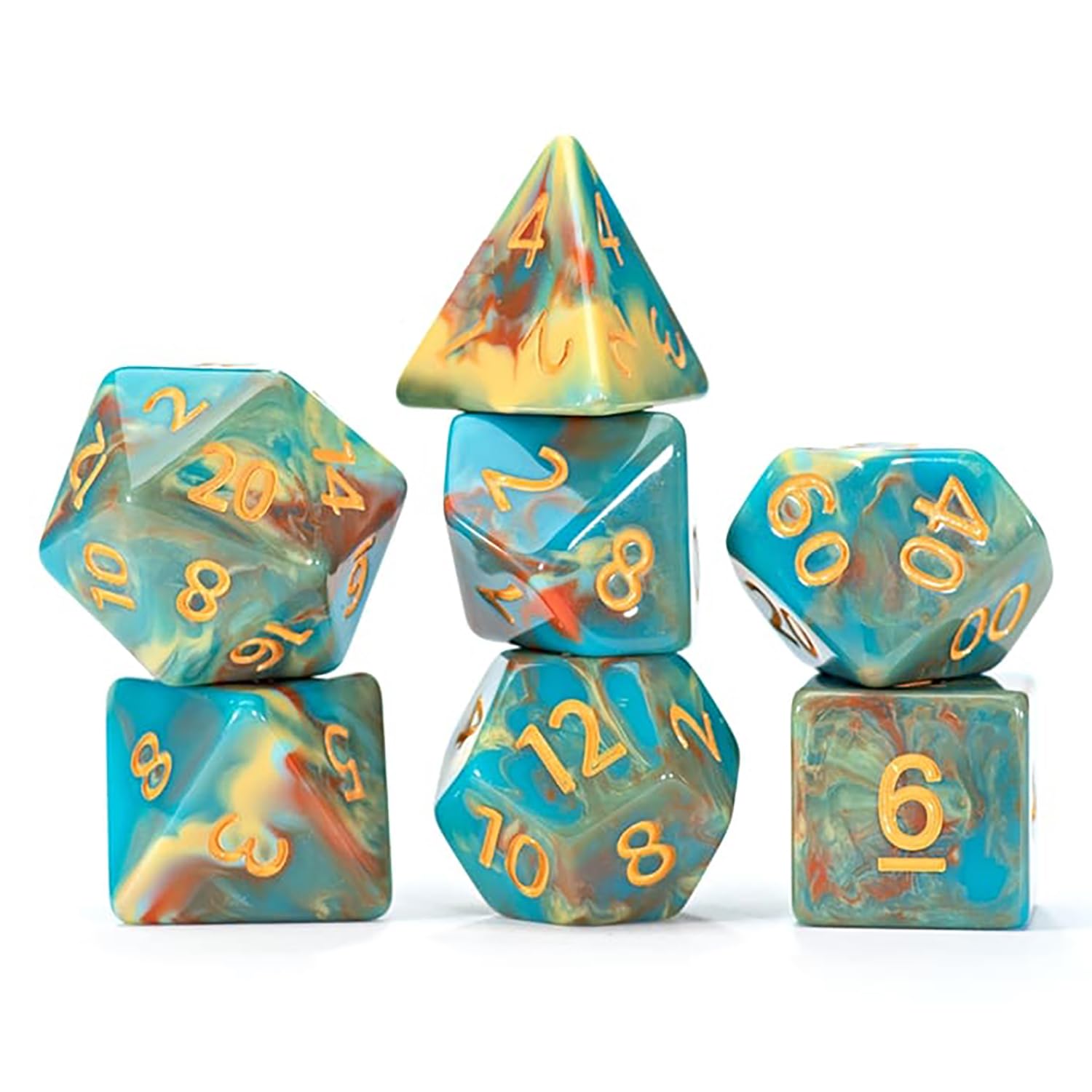 Gate Keeper Games and Dice: Van Gogh Dice: Self Portrait - 7pc RPG Set, Blue, Orange & Yellow Cream Swirled, Art Dice for Role Playing Games