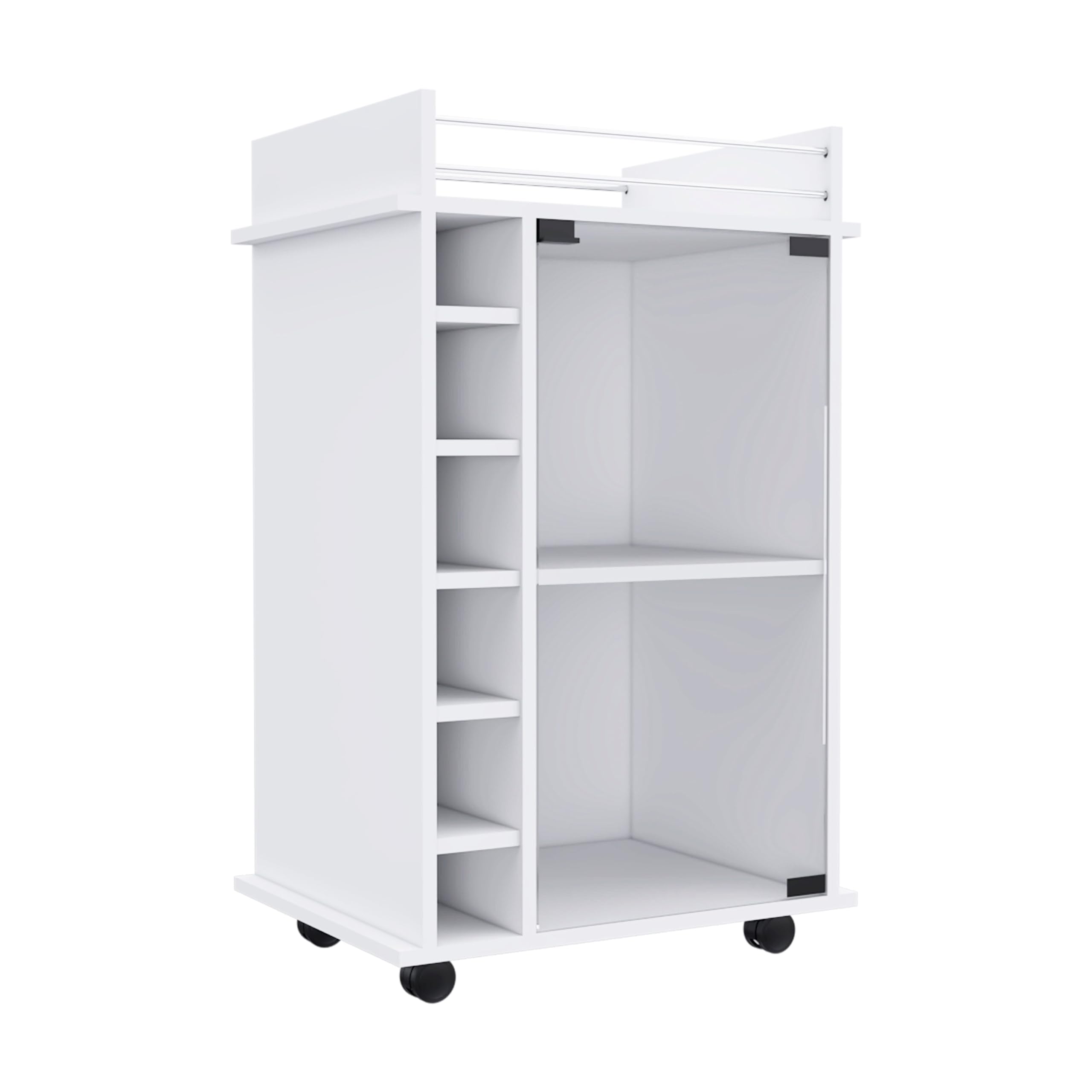 TUHOME Dukat Bar Cart,Two Shelves, Six Wine Cubbies, Glass Door, Four Caster Wheels, Countertop, White, For Living Room