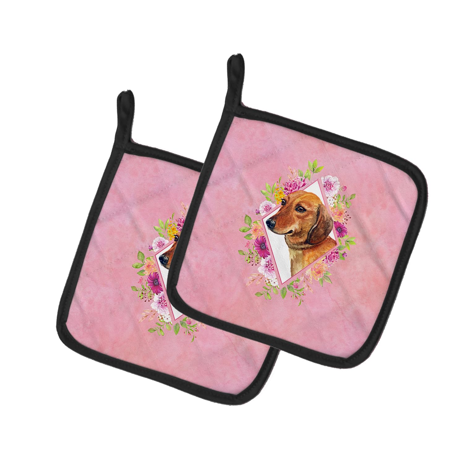 Dachshund Red #1 Pink Flowers Pair of Pot Holders