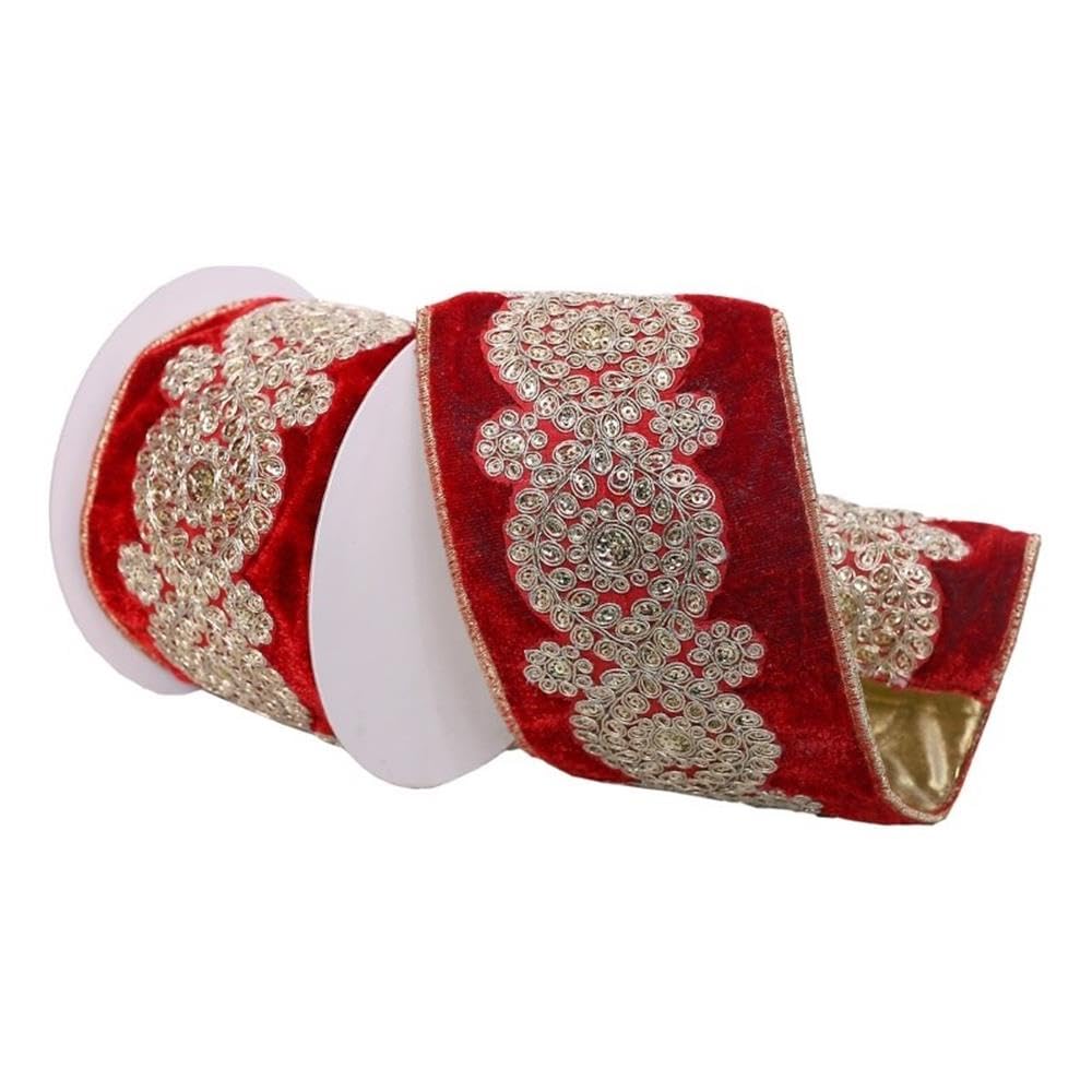 Casafoyer  4” x 5 Yards Red Velvet Ribbon with Light Gold Embroidery Wired Edge Christmas Ribbon. - (Pack Of 2)