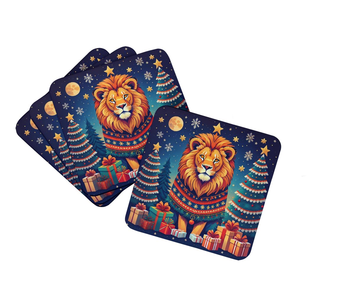 Carolines Treasures Lion Christmas Foam Coaster Set of 4 Cup Coasters for Indoor and Outdoor, Coaster for Tabletop Protection, Anti Slip, Mouse pad Material