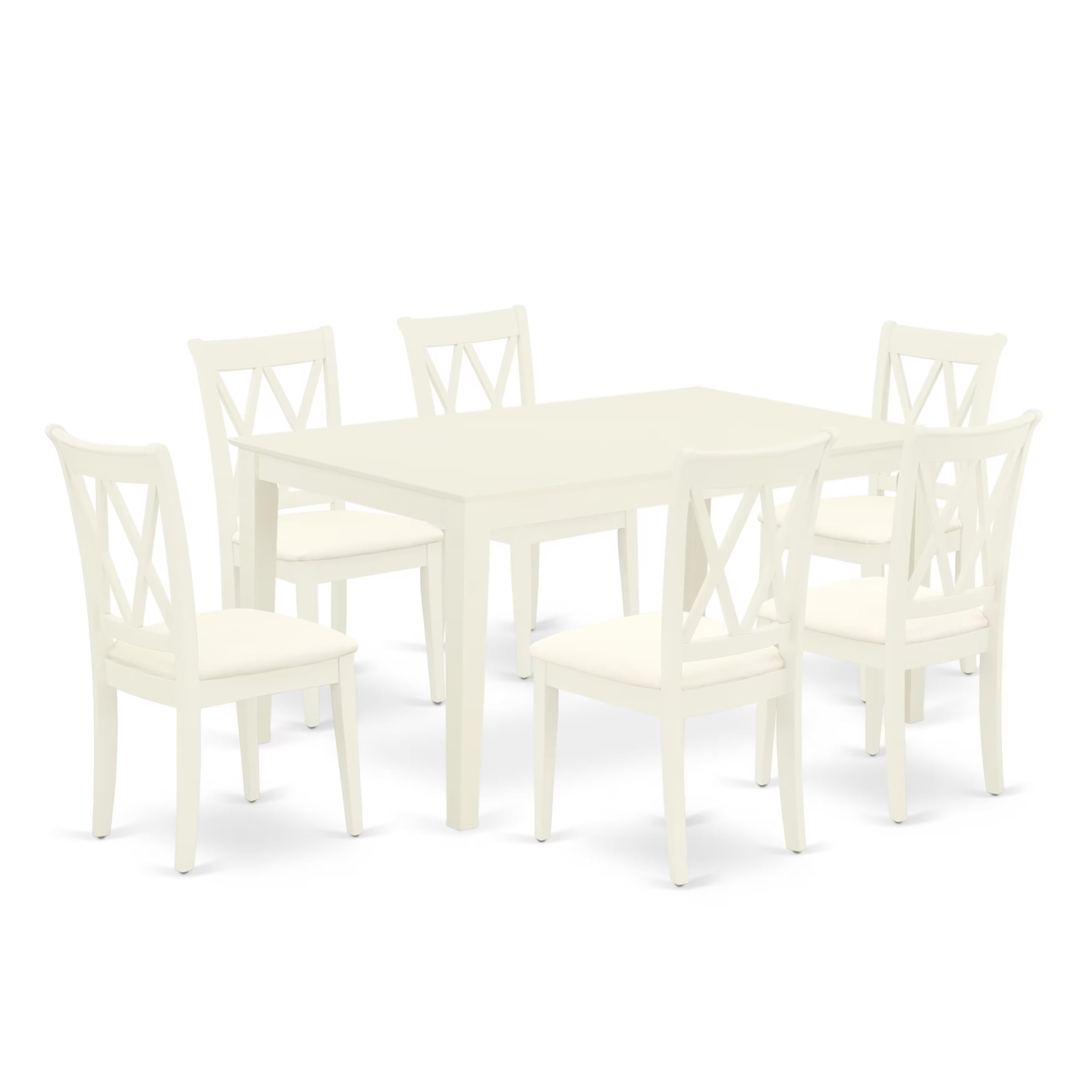 CACL7-LWH-C 7Pc Dinette Set Includes a Rectangular Kitchen Table and Six Double X Back Linen seat Dining Chairs, Linen White Finish