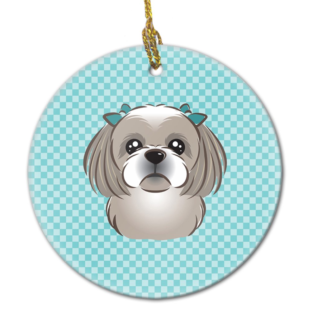 Checkerboard Blue Gray Silver Shih Tzu Ceramic Ornament BB1188CO1
