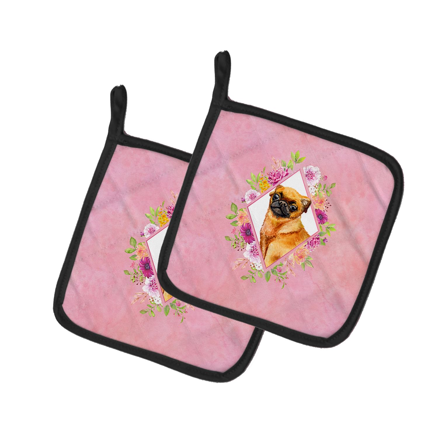 Brabant Griffon Pink Flowers Pair of Pot Holders
