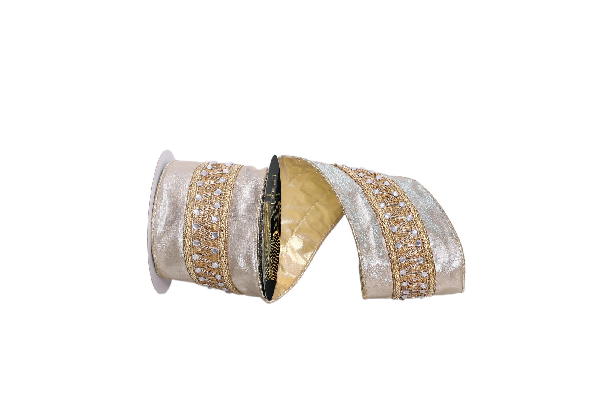 Casafoyer  4” x 5 Yards Champagne with Silver Jewels Wired Edge Christmas Ribbon. - (Pack Of 2)