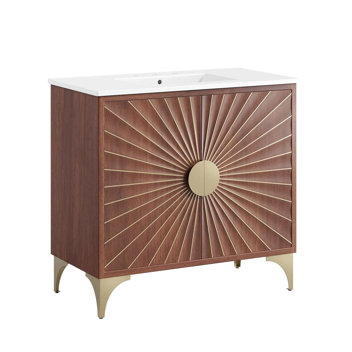 Modway Daylight Bathroom Vanity Cabinet With Ceramic Sink Basin, 36 Inch, White Walnut