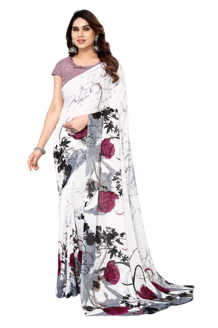 Yashika Womens Printed Trendy Georgette White Color Saree With Blouse Material(PIYA WHITE)