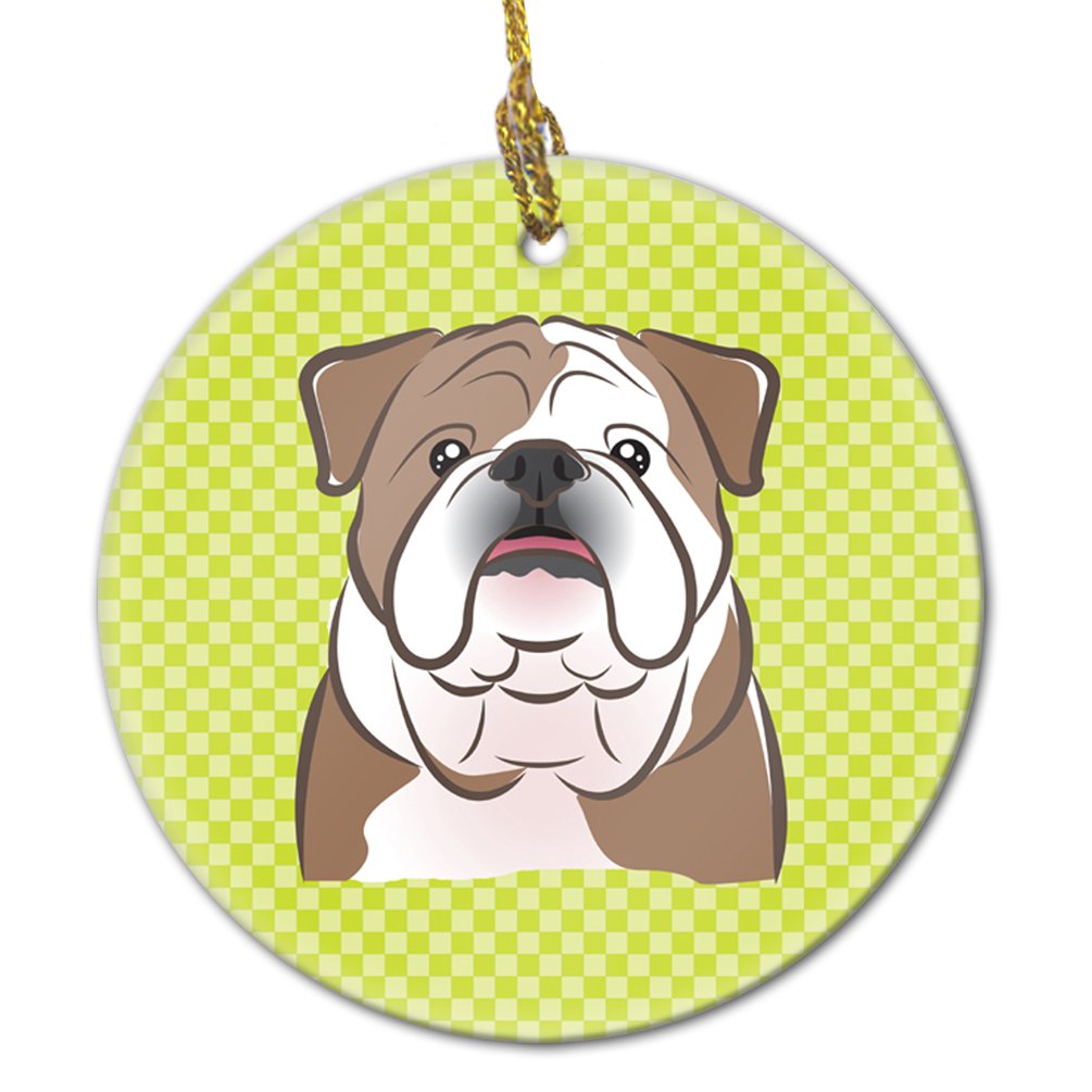 Checkerboard Lime Green English Bulldog Ceramic Ornament BB1281CO1