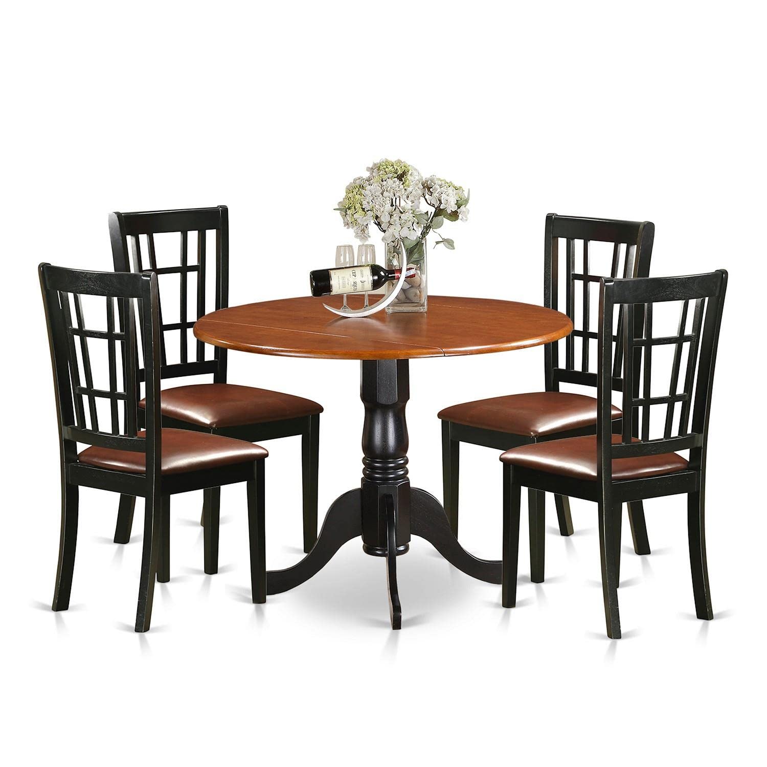 East West Furniture Dlni5-Bch-Lc 5 Piece Dining Room Furniture Set Includes A Round Kitchen Table With Dropleaf And 4 Faux Leather Upholstered Dining Chairs, 42X42 Inch, Black & Cherry