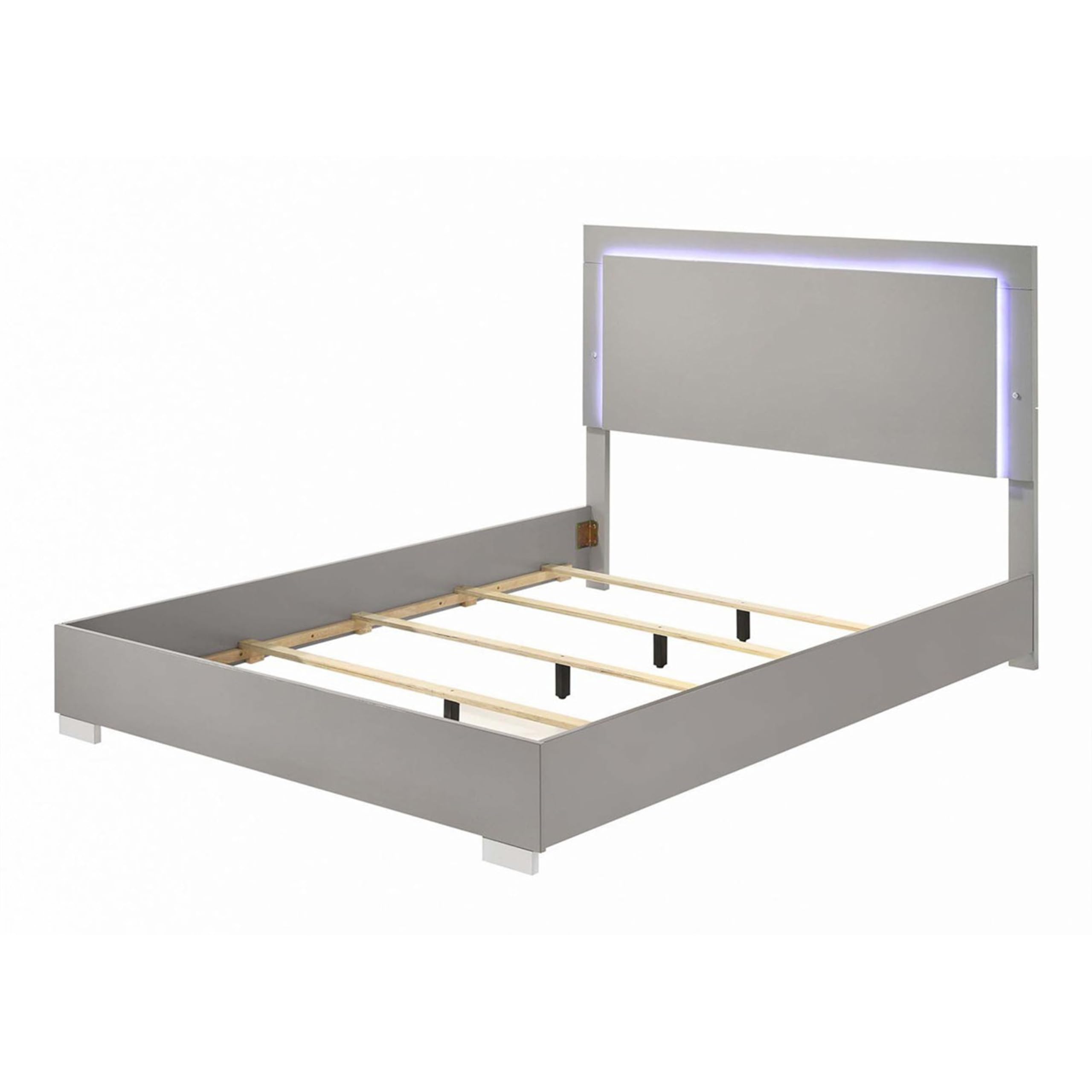 Suni Queen Size Bed w LED Headboard, Light Taupe Gray Wood Frame