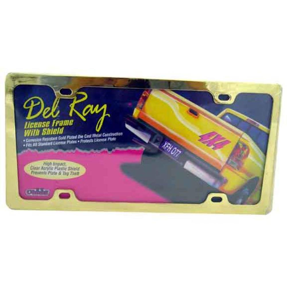 DELUXE GOLD PLATED DIE CAST DEL-RAY LICENSE PLATE FRAME WITH HIGH IMPACT CLEAR ACRYLIC PLATE SHIELD
