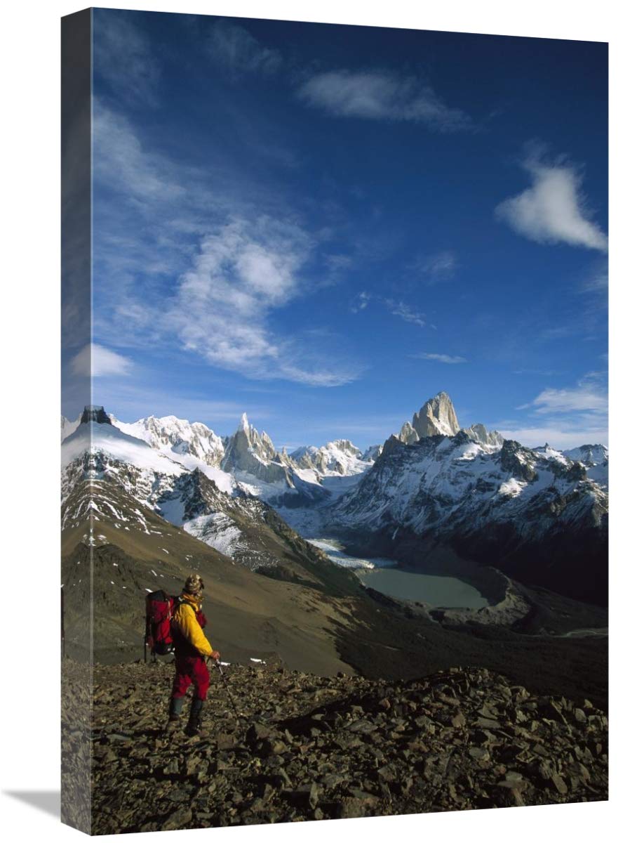 Hiker admiring Cerro Torre and Fitzroy, Los Glaciares NP, Patagonia-Canvas Art-16x24”