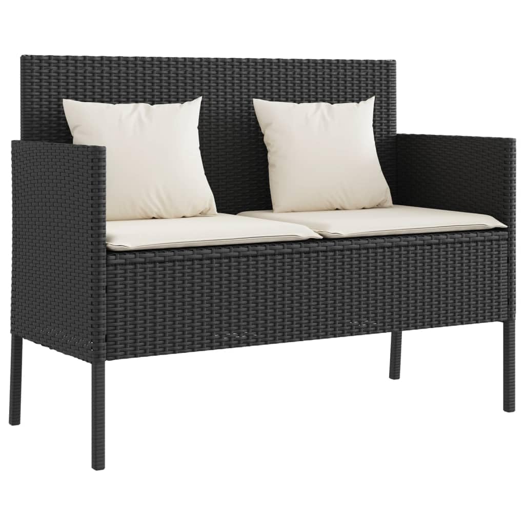 Vidaxl Outdoor Poly Rattan Loveseat Bench - Black Patio Seating With Cream Cushions, Under Seat Storage, Powder-Coated Steel Frame, 365770