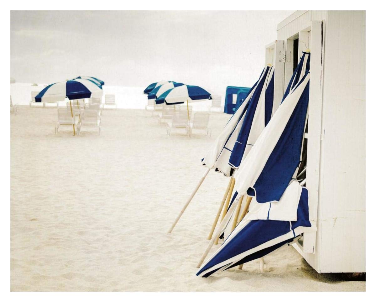 Blue and White Beach Umbrellas -Paper Art-37x30”