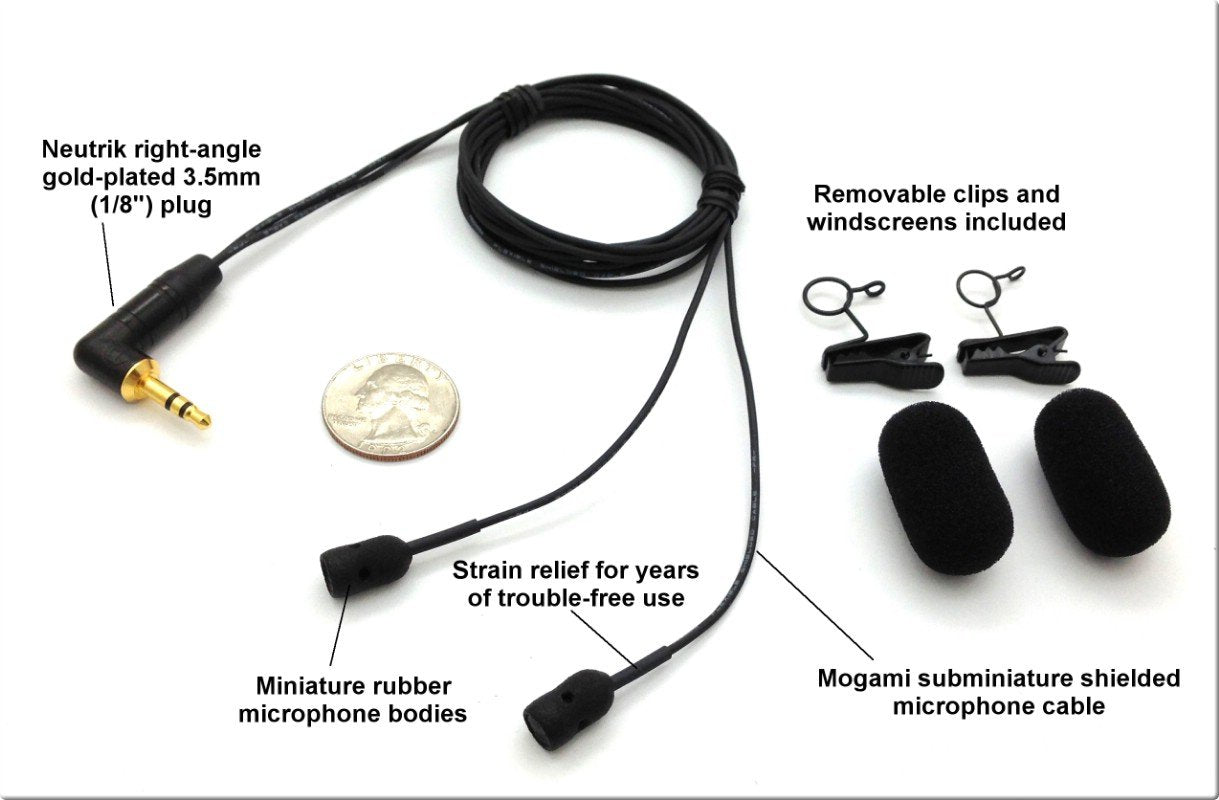 Ultimate Studio Reference sub-miniature Super-Cardioid stereo microphones made with Mogami cable. Includes clips and windscreens
