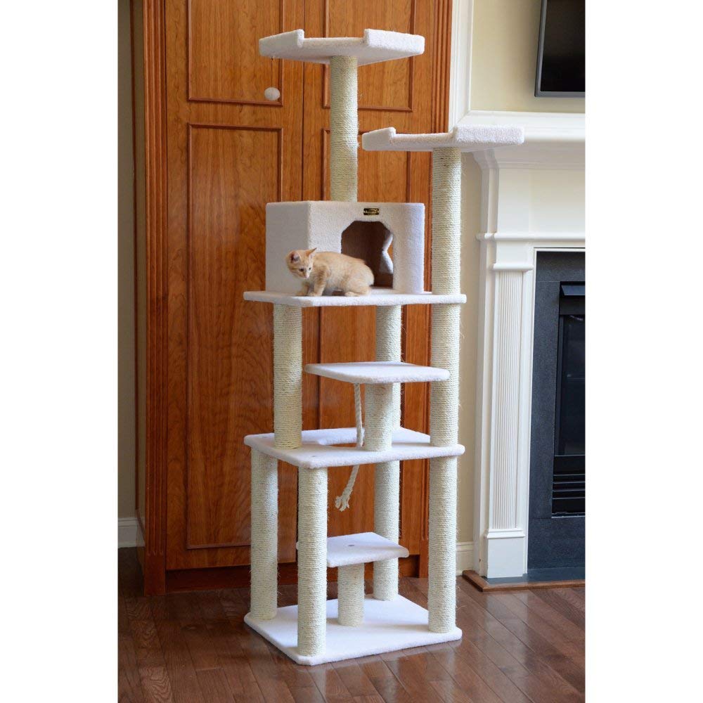 Armarkat B7801 Classic Real Wood Cat Tree In Ivory, Jackson Galaxy Approved, Six Levels With Playhouse and Rope SwIng