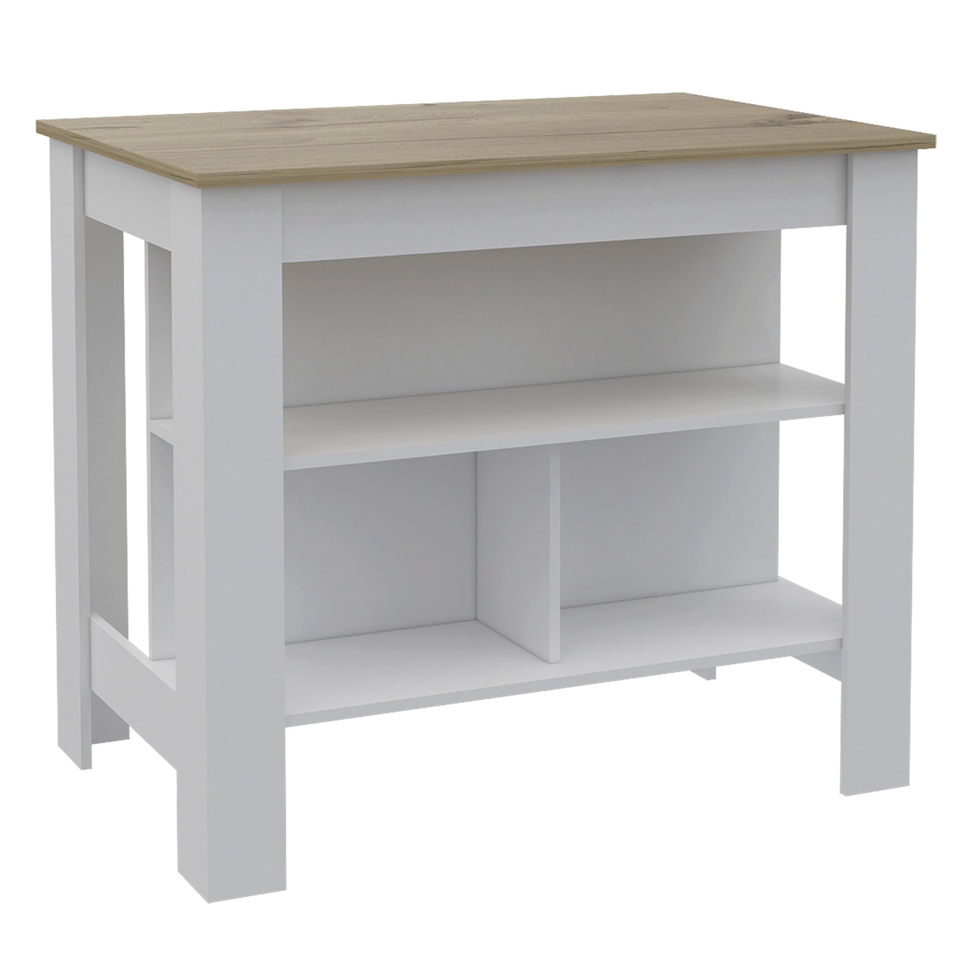 TUHOME Cala Kitchen Island, Countertop Table, Four Legs, Three Shelves, White/Pine, For Kitchen Room