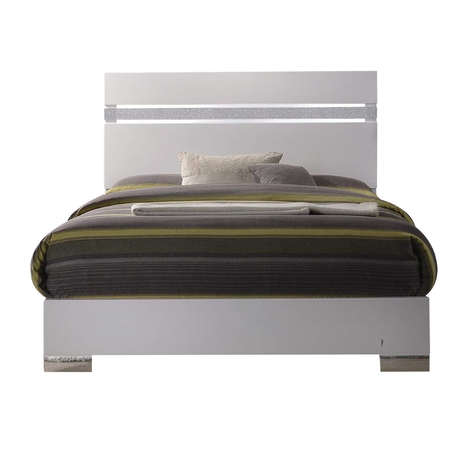 Wooden queen size bed with block legs and Crystal Accented Headboard, White