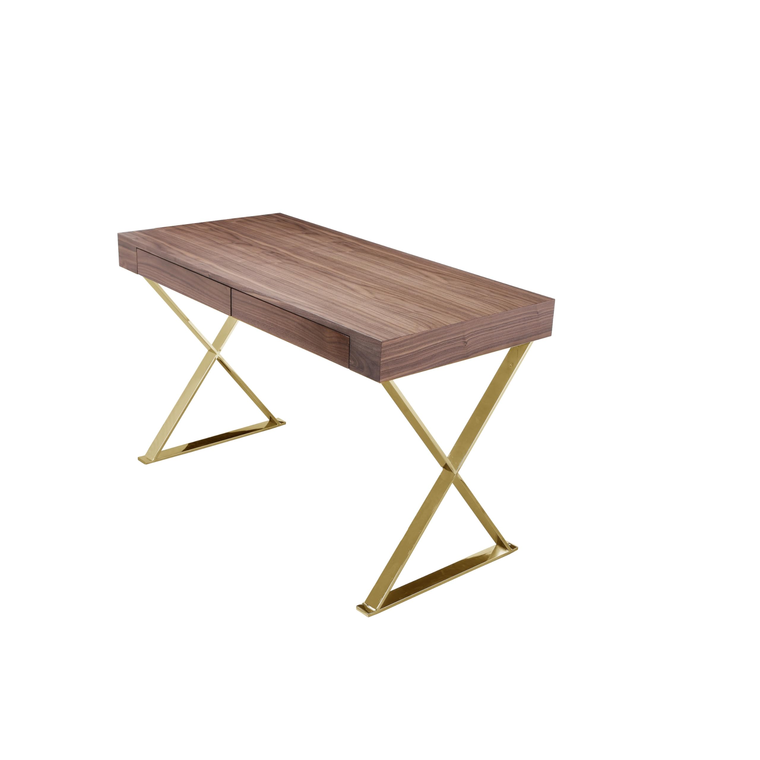 Ada Office Desk, 2 Drawers, Walnut Brown, Gold X Steel Legs, 47 Inch