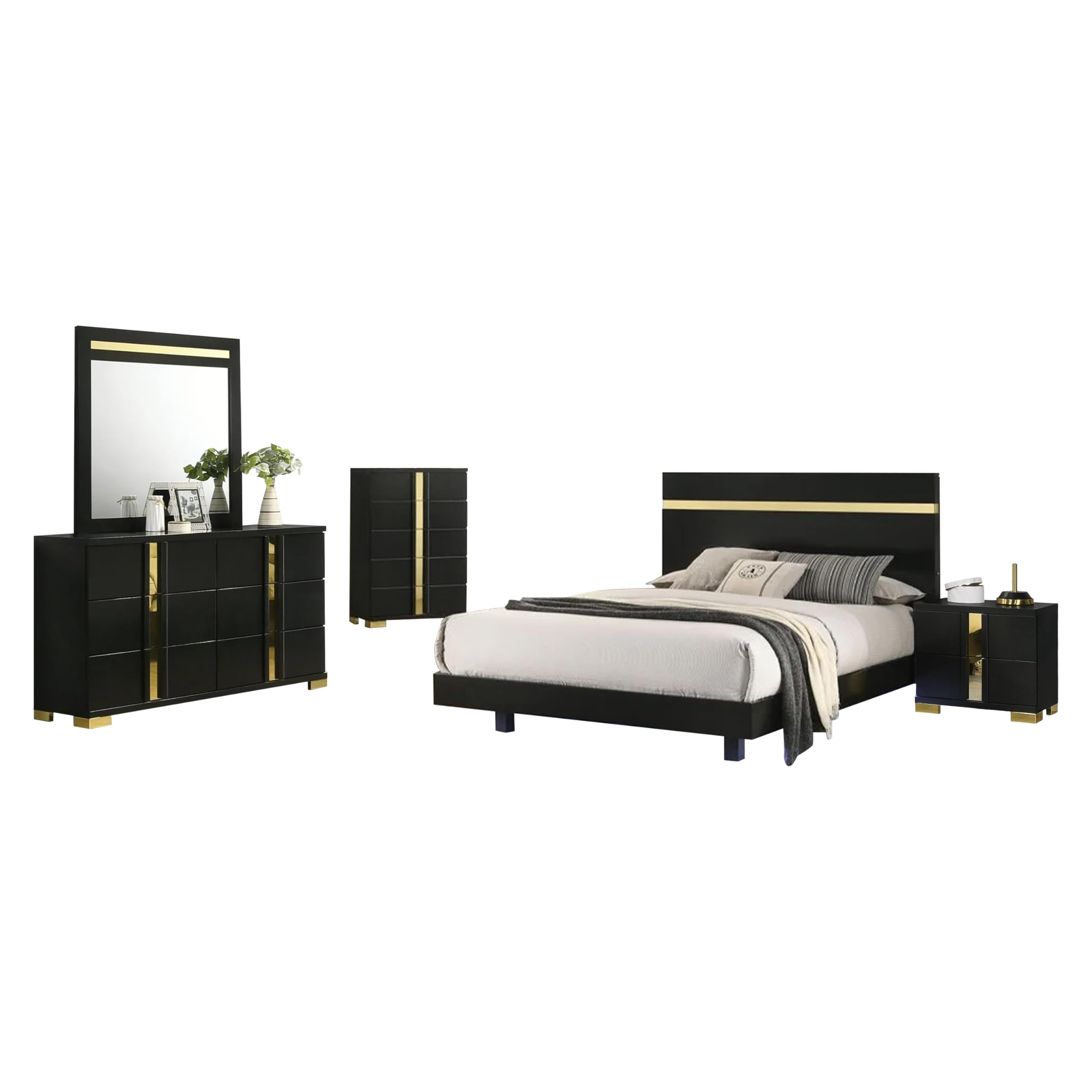 Yoki 5pc Queen Bedroom Set w Underbed LED, Black and Gold, Tall Dresser